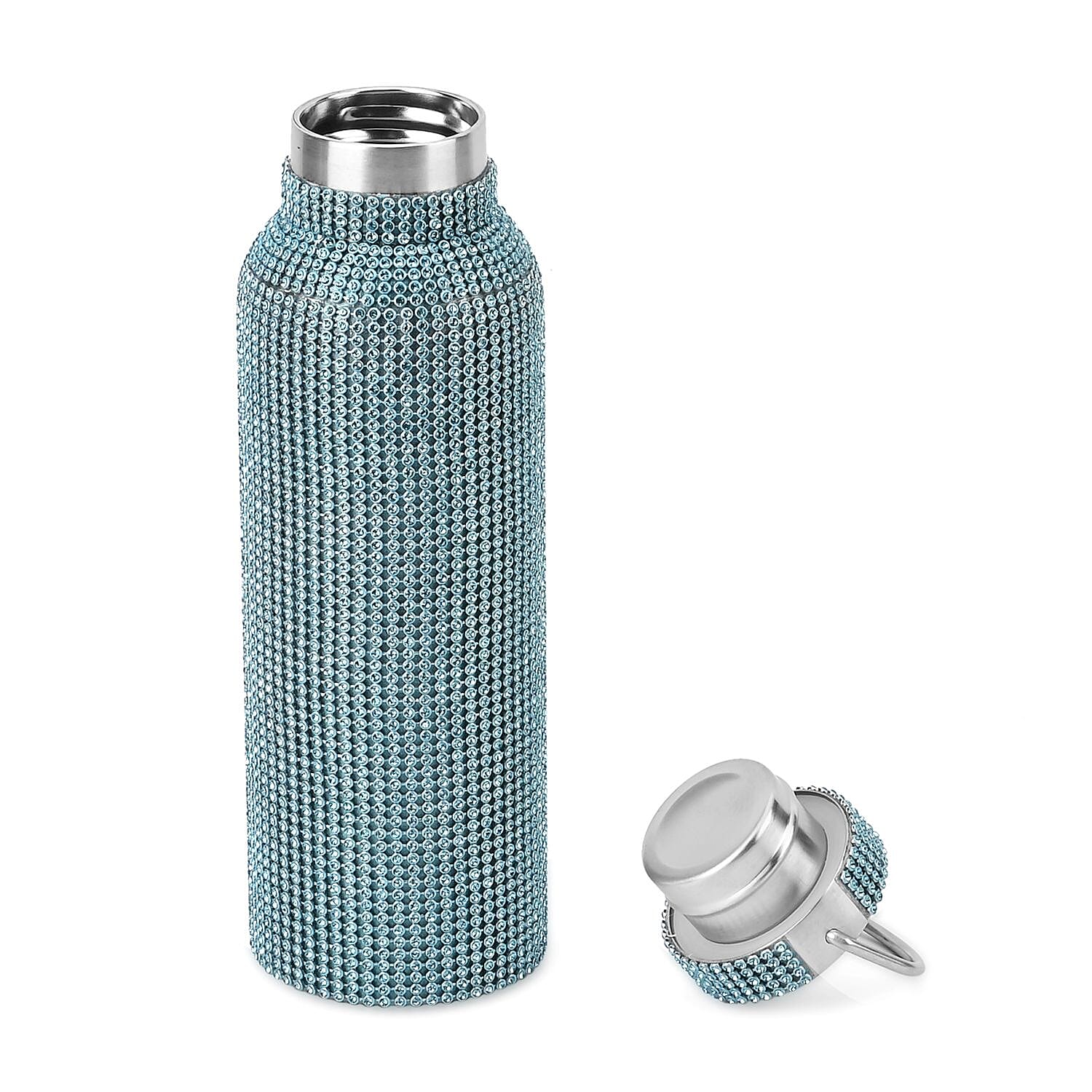 Crystal Studded Stainless Steel Water Bottle with Handle & Chain (20oz) - Blue
