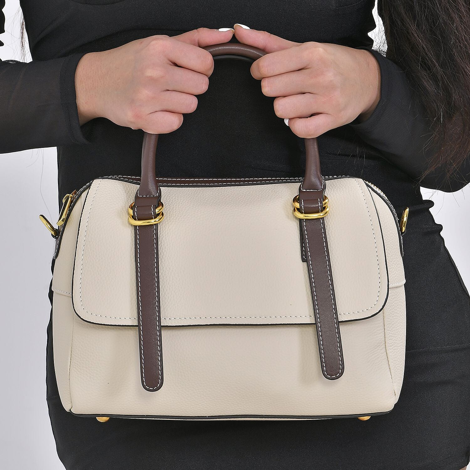 Genuine Leather Crossbody Bag With Shoulder Strap (126 cm) - Beige