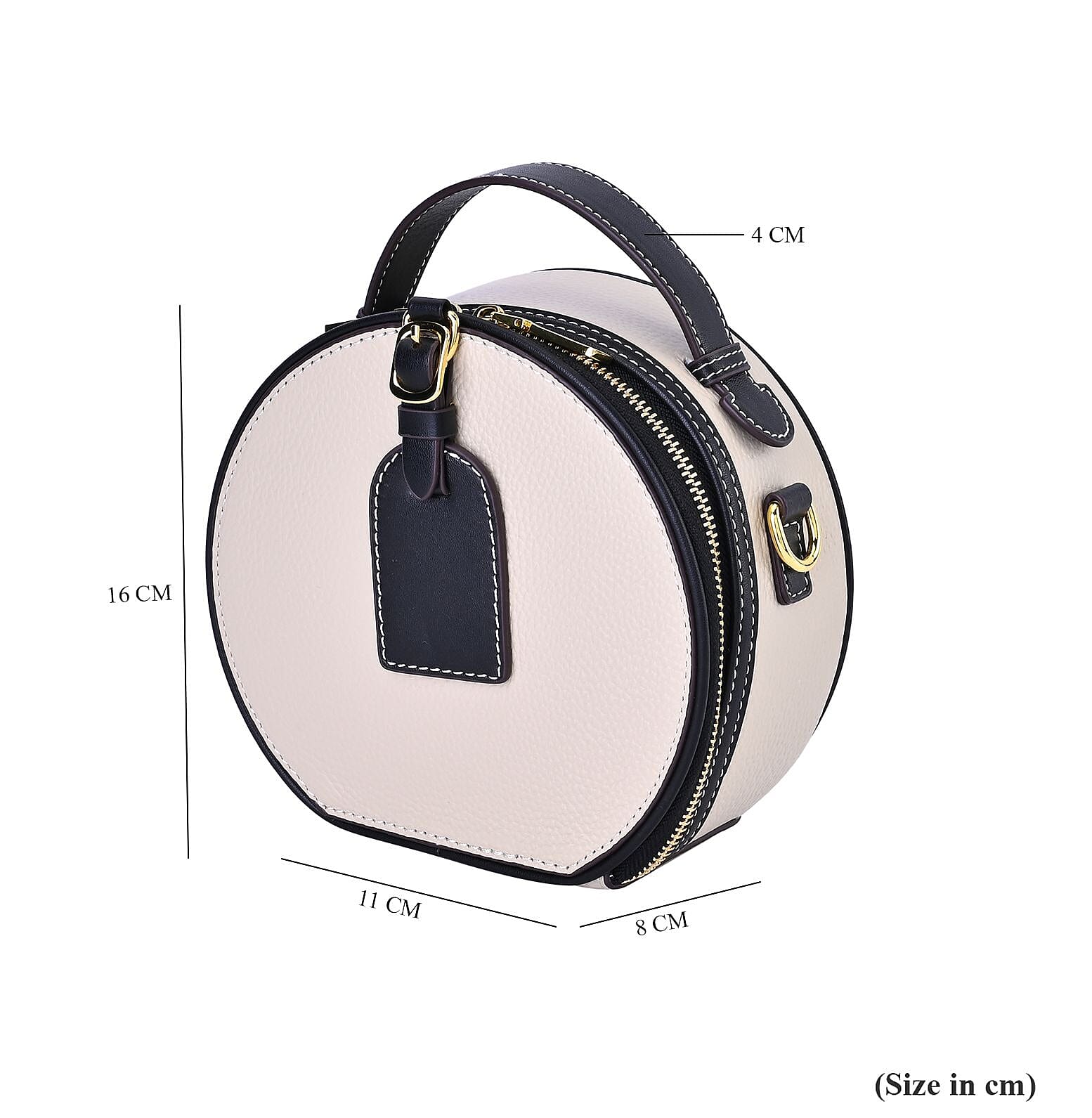 Genuine Leather Round Crossbody Bag (Size 11x8x16 cm) - White & Black