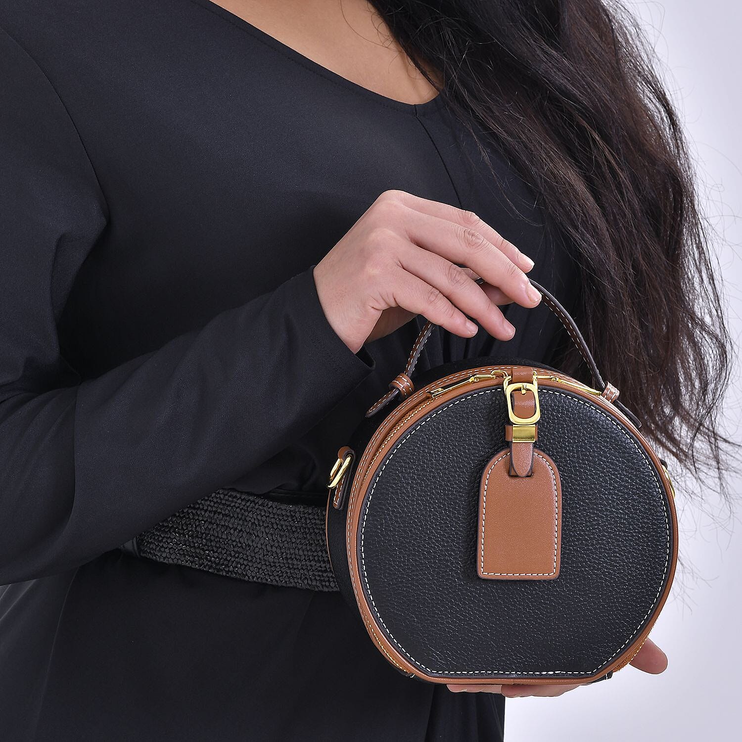 Hong Kong Closeout - Genuine Leather Round Crossbody Bag with Handle Drop - Black