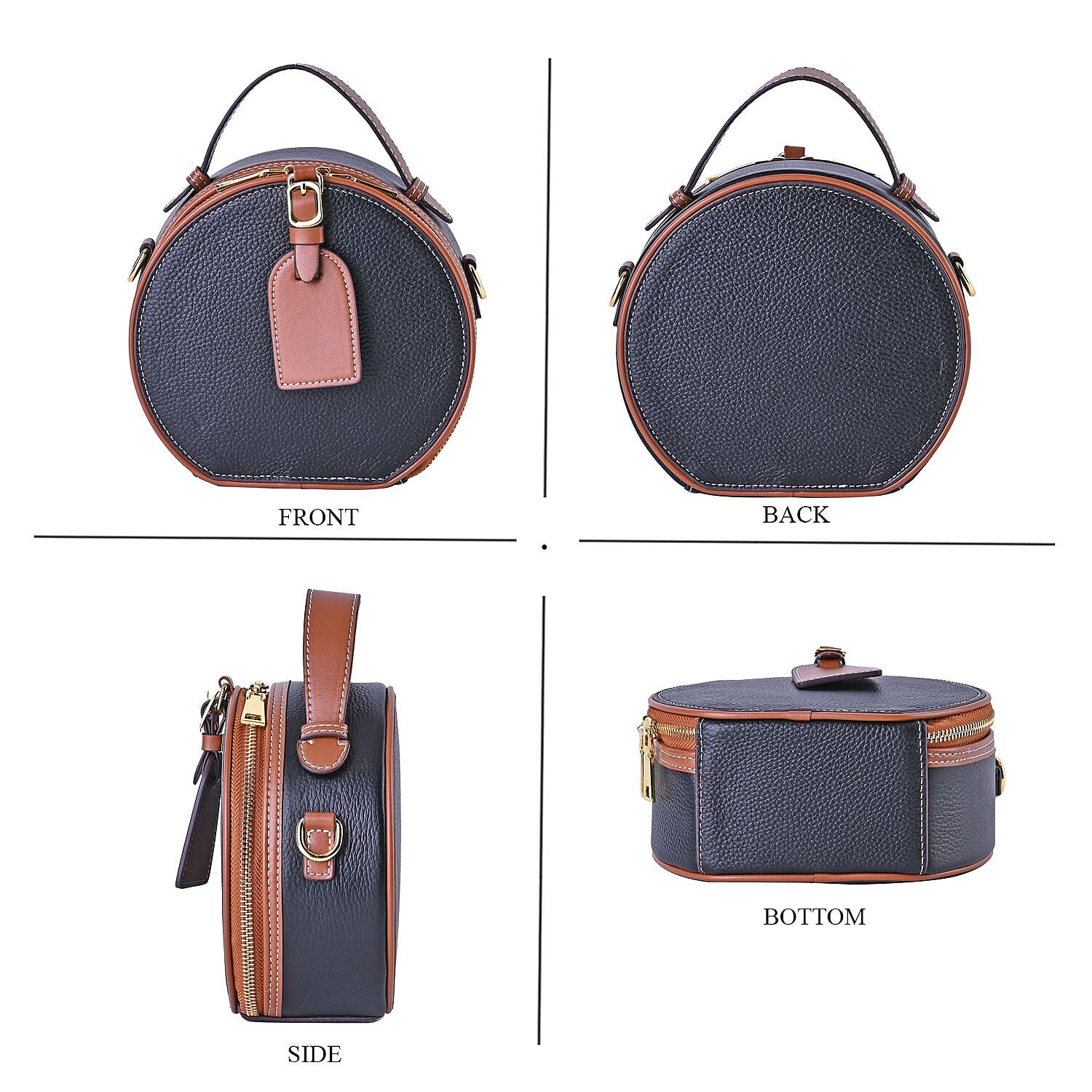 Hong Kong Closeout - Genuine Leather Round Crossbody Bag with Handle Drop - Black