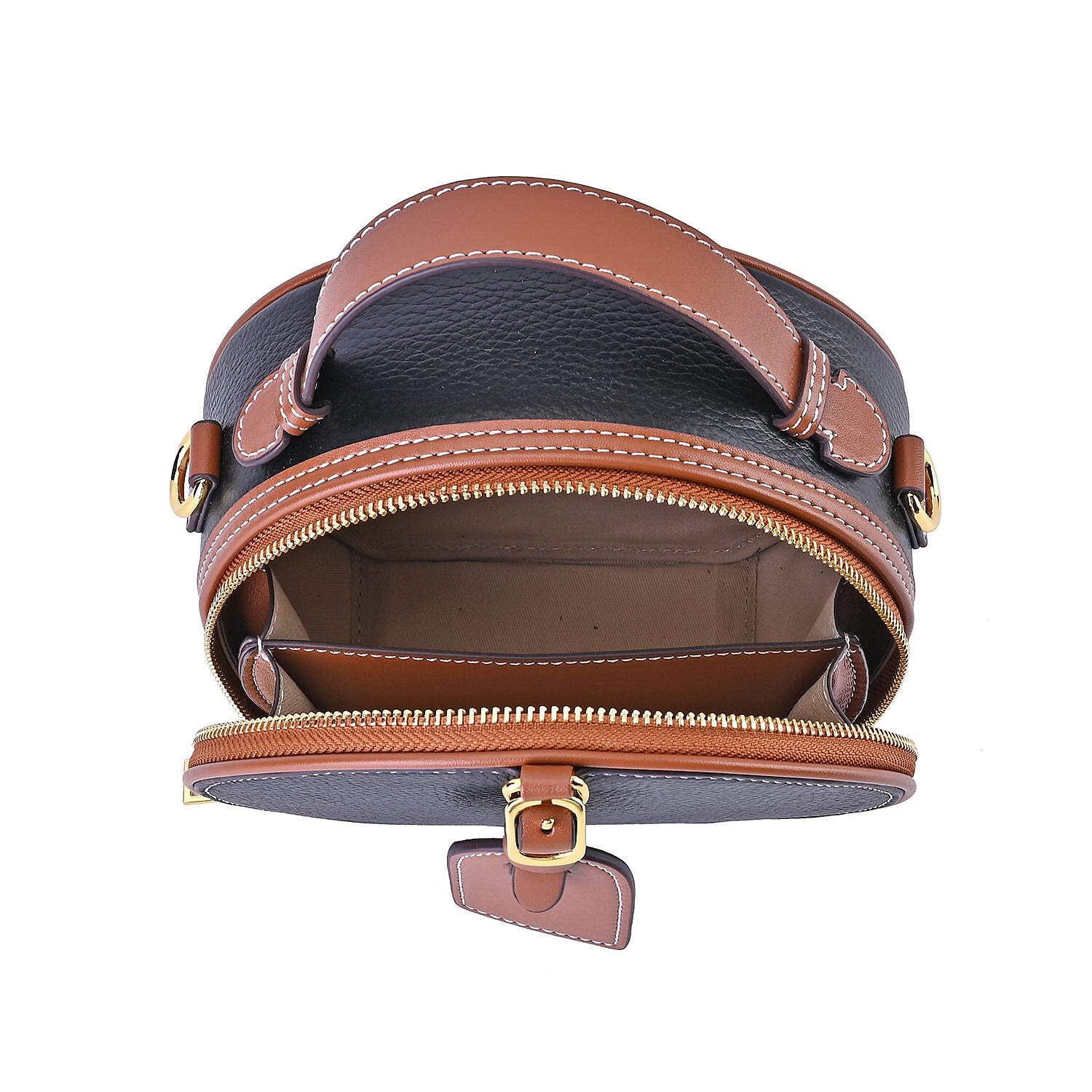 Hong Kong Closeout - Genuine Leather Round Crossbody Bag with Handle Drop - Black