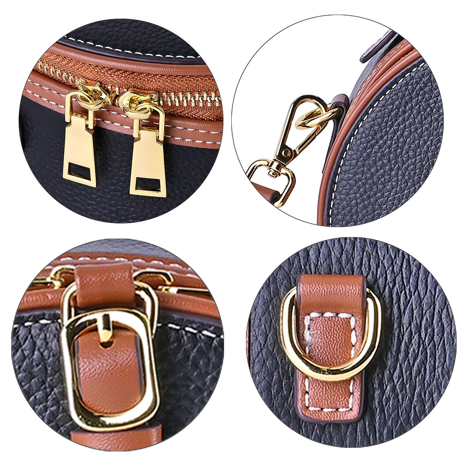 Hong Kong Closeout - Genuine Leather Round Crossbody Bag with Handle Drop - Black