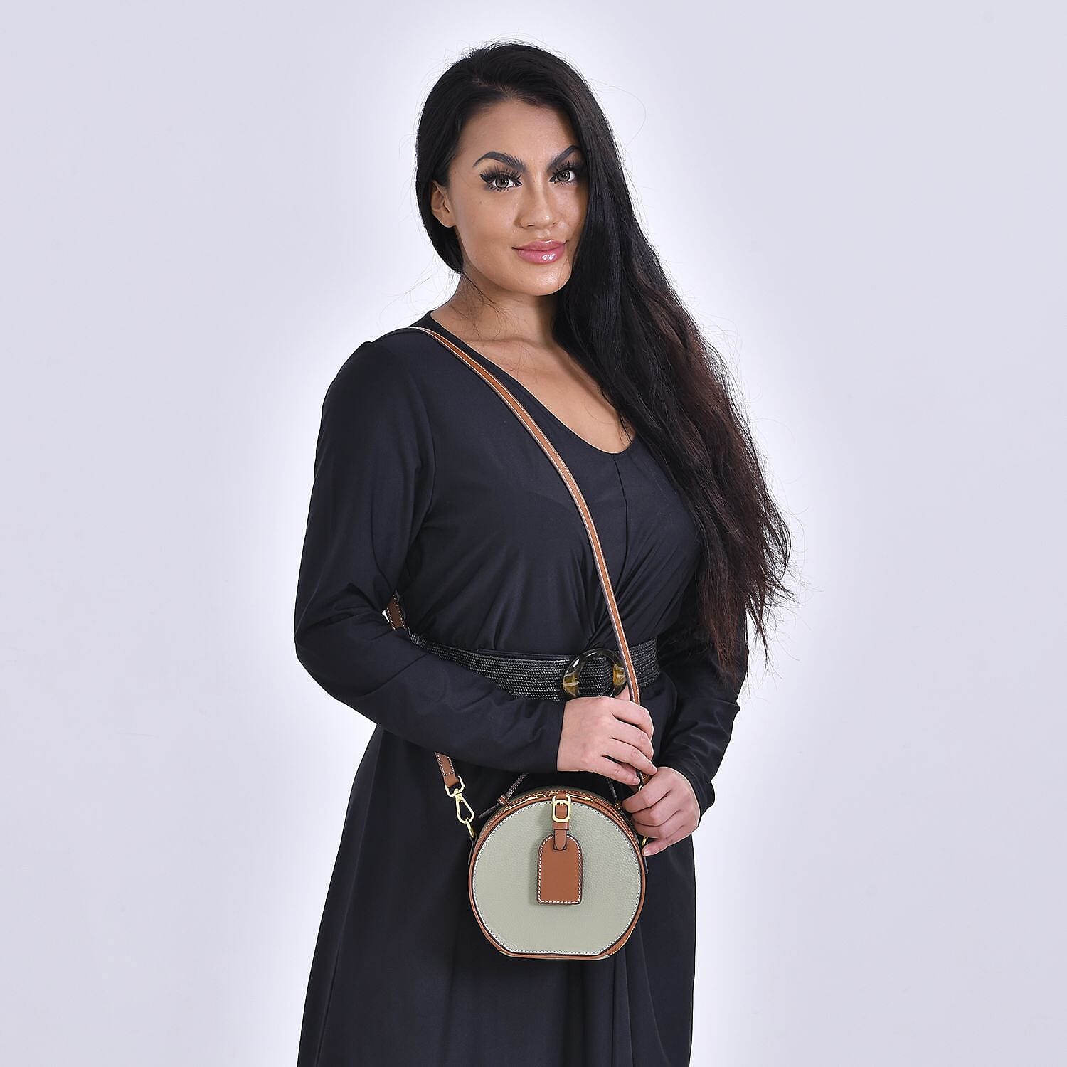 Hong Kong Closeout - Genuine Leather Round Crossbody Bag with Handle Drop - Green