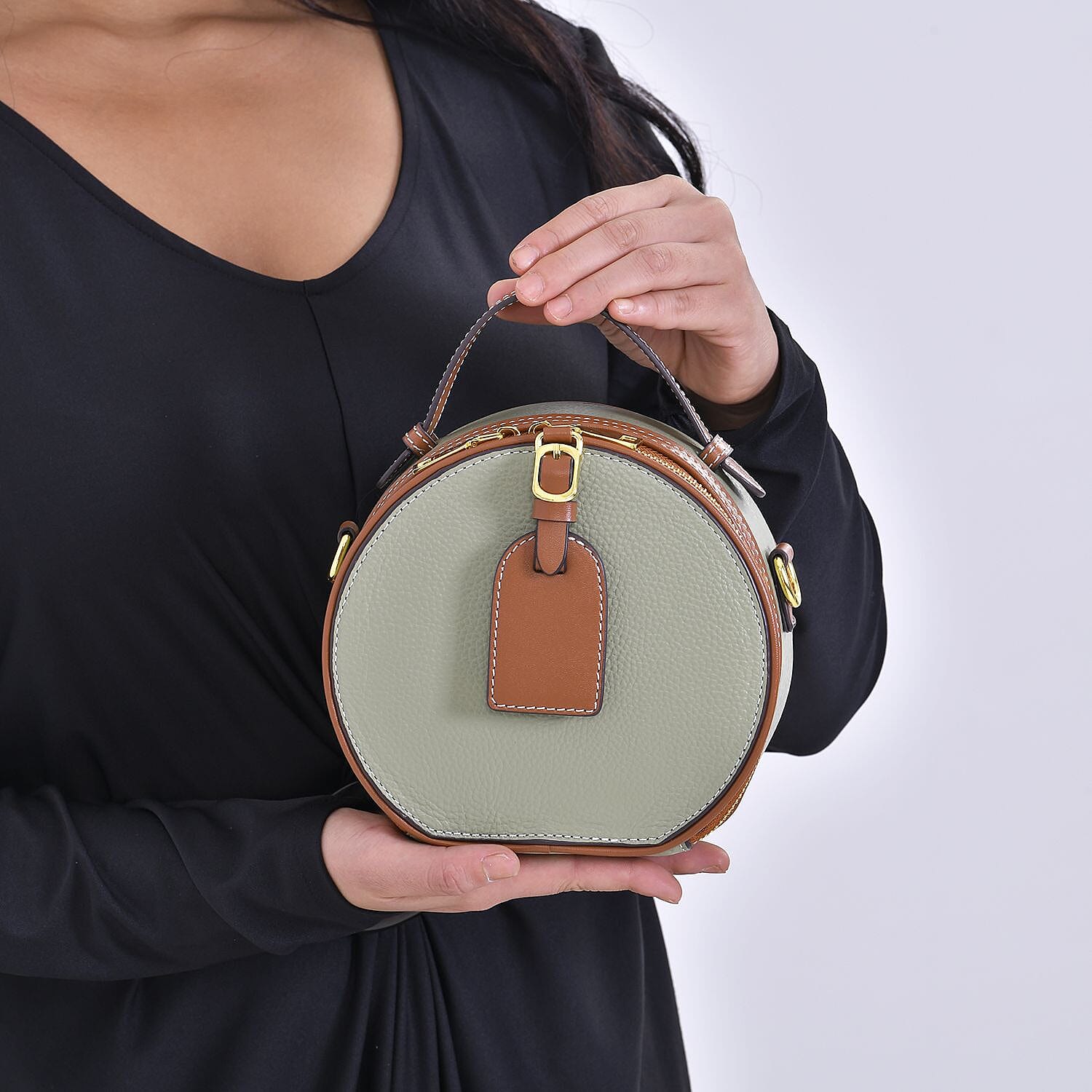 Hong Kong Closeout - Genuine Leather Round Crossbody Bag with Handle Drop - Green