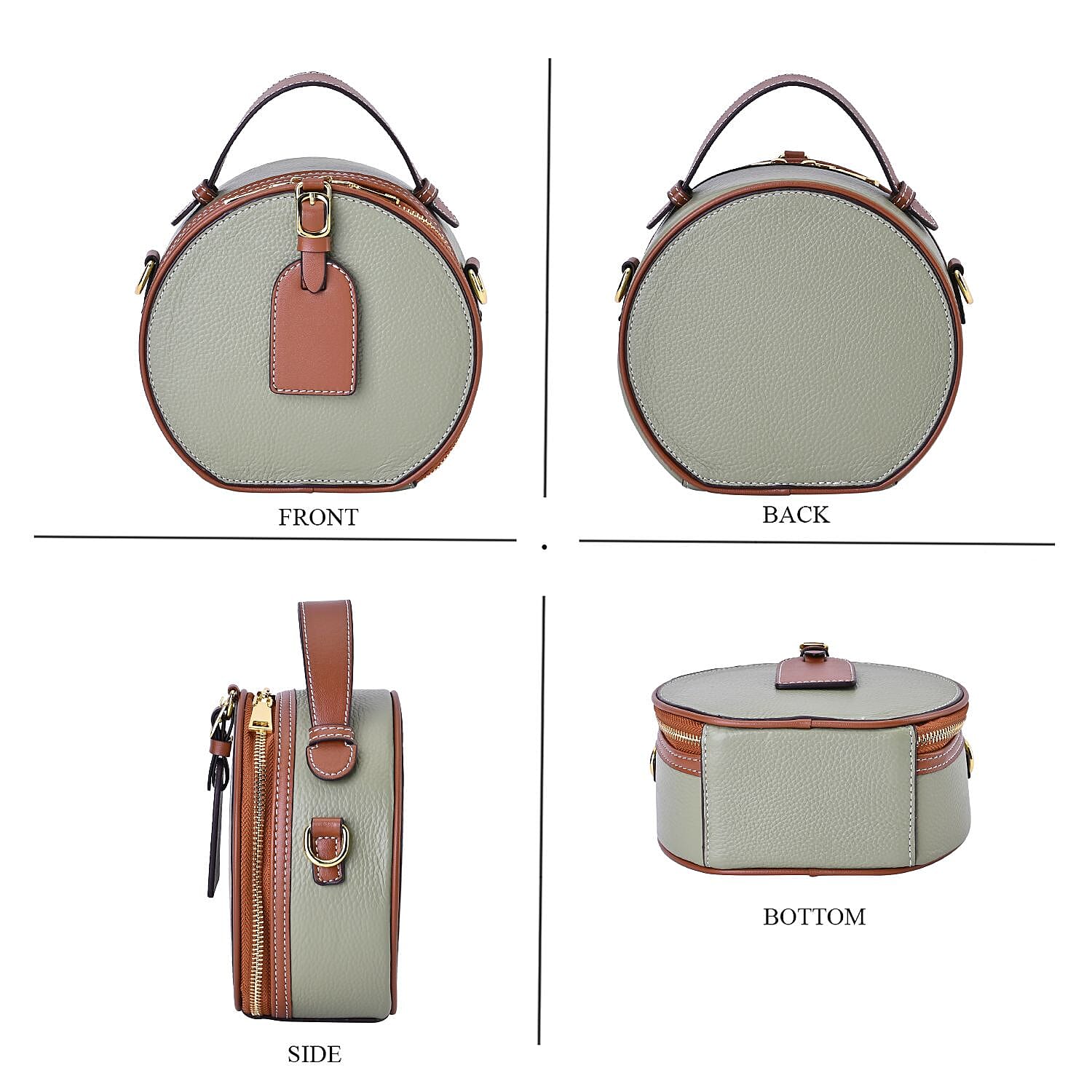 Hong Kong Closeout - Genuine Leather Round Crossbody Bag with Handle Drop - Green