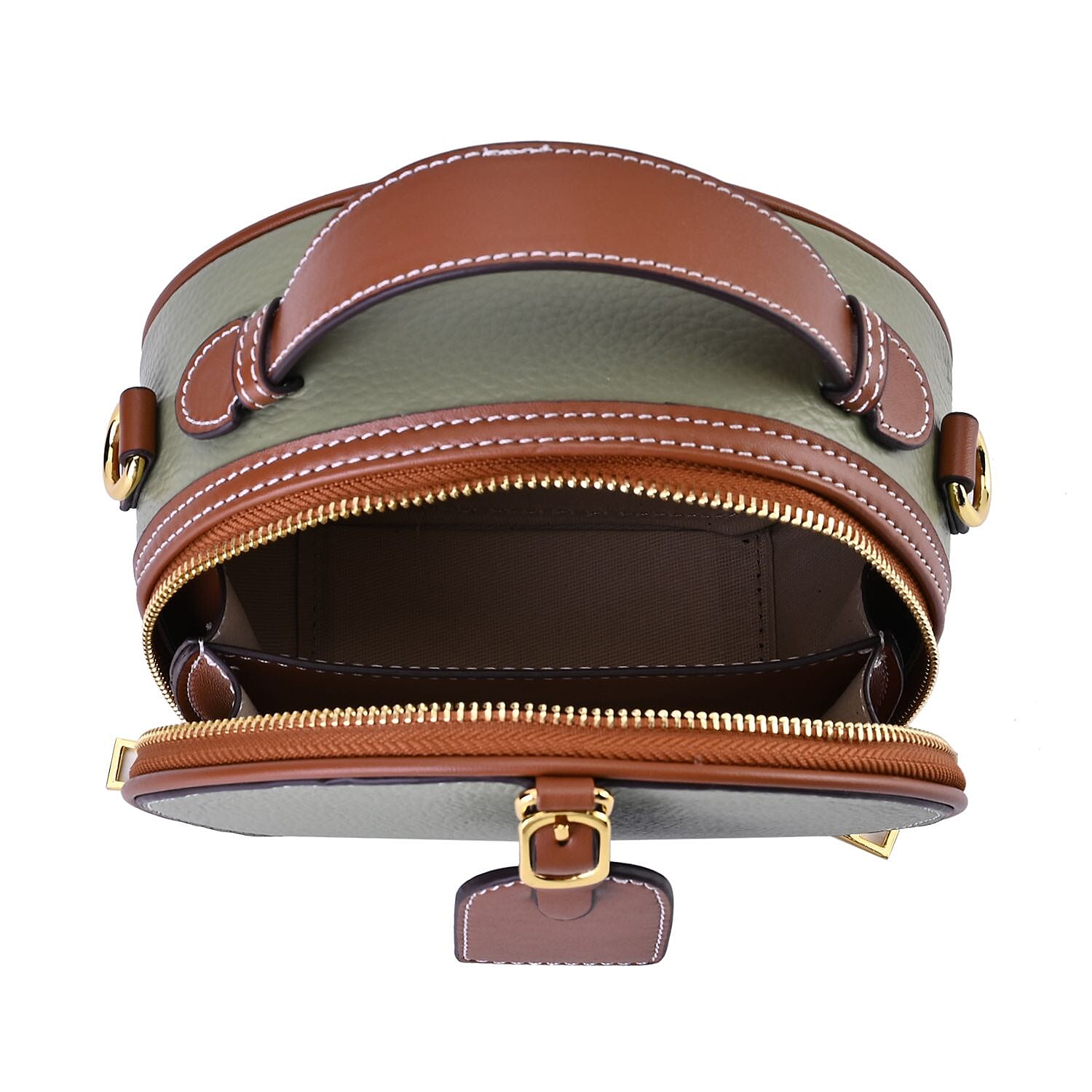 Hong Kong Closeout - Genuine Leather Round Crossbody Bag with Handle Drop - Green