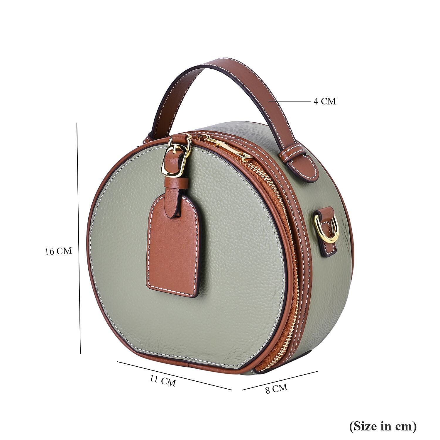 Hong Kong Closeout - Genuine Leather Round Crossbody Bag with Handle Drop - Green
