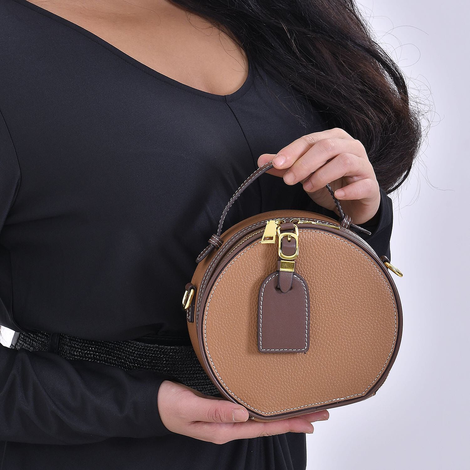 Hong Kong Closeout - Genuine Leather Solid Crossbody Bag with Handle Drop - Brown & Coffee