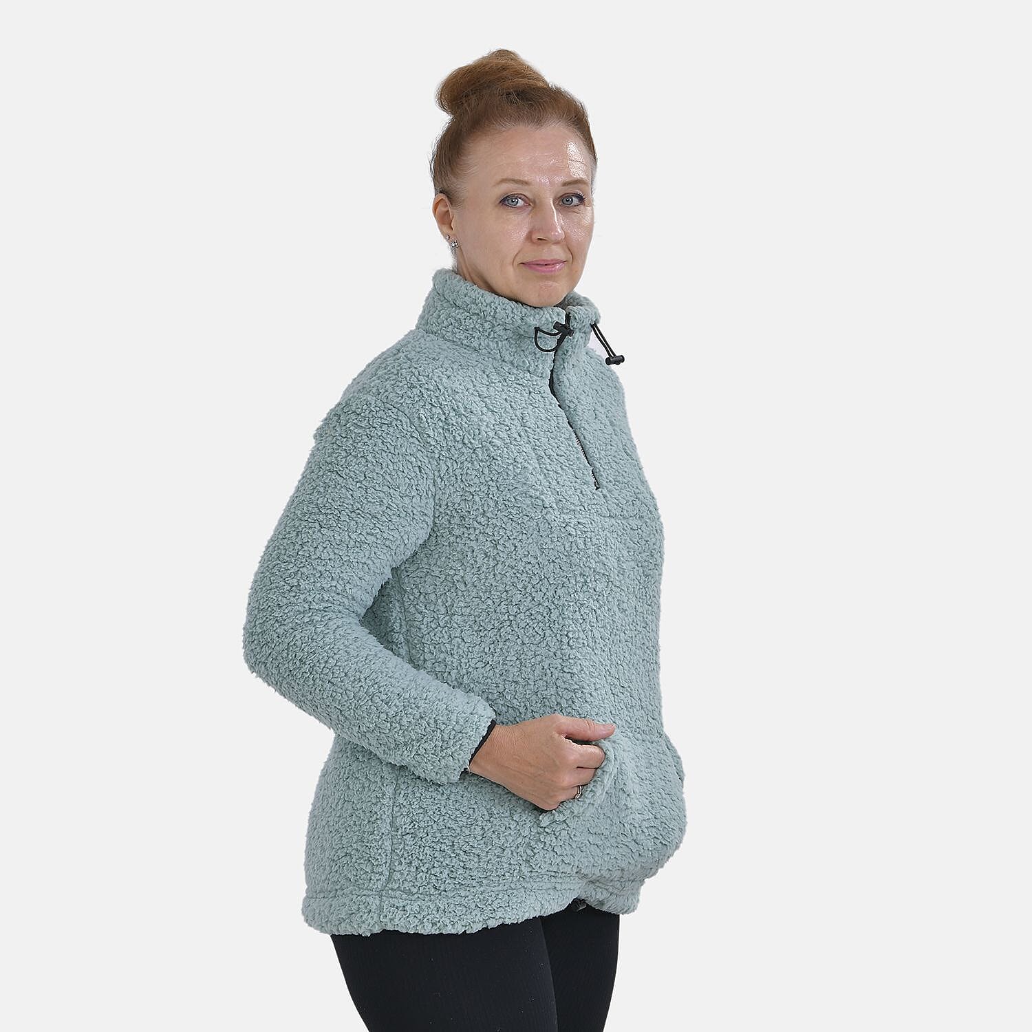 Half Zip Sherpa Sweatshirt With Handy Kangaroo Pocket - Blue
