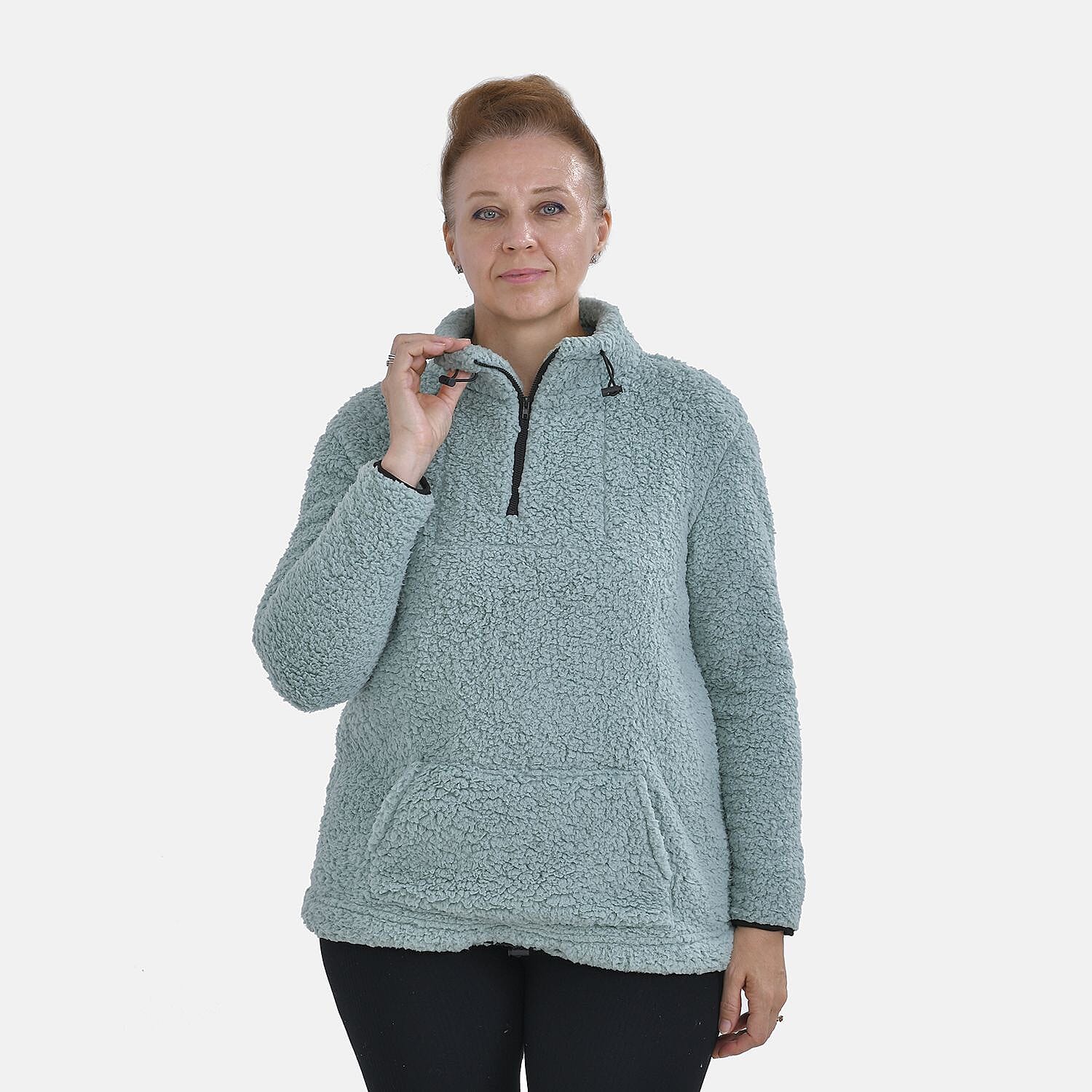 Half Zip Sherpa Sweatshirt With Handy Kangaroo Pocket (Size L) - Green