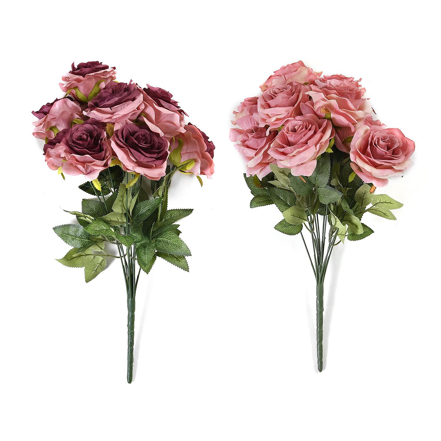Set of 2 Artificial Rose Flower with 11 Heads, Green Stem - Leaves - Pink - Fuchsia
