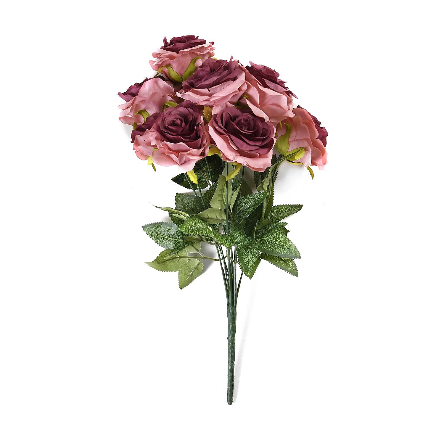 Set of 2 Artificial Rose Flower with 11 Heads, Green Stem - Leaves - Pink - Fuchsia