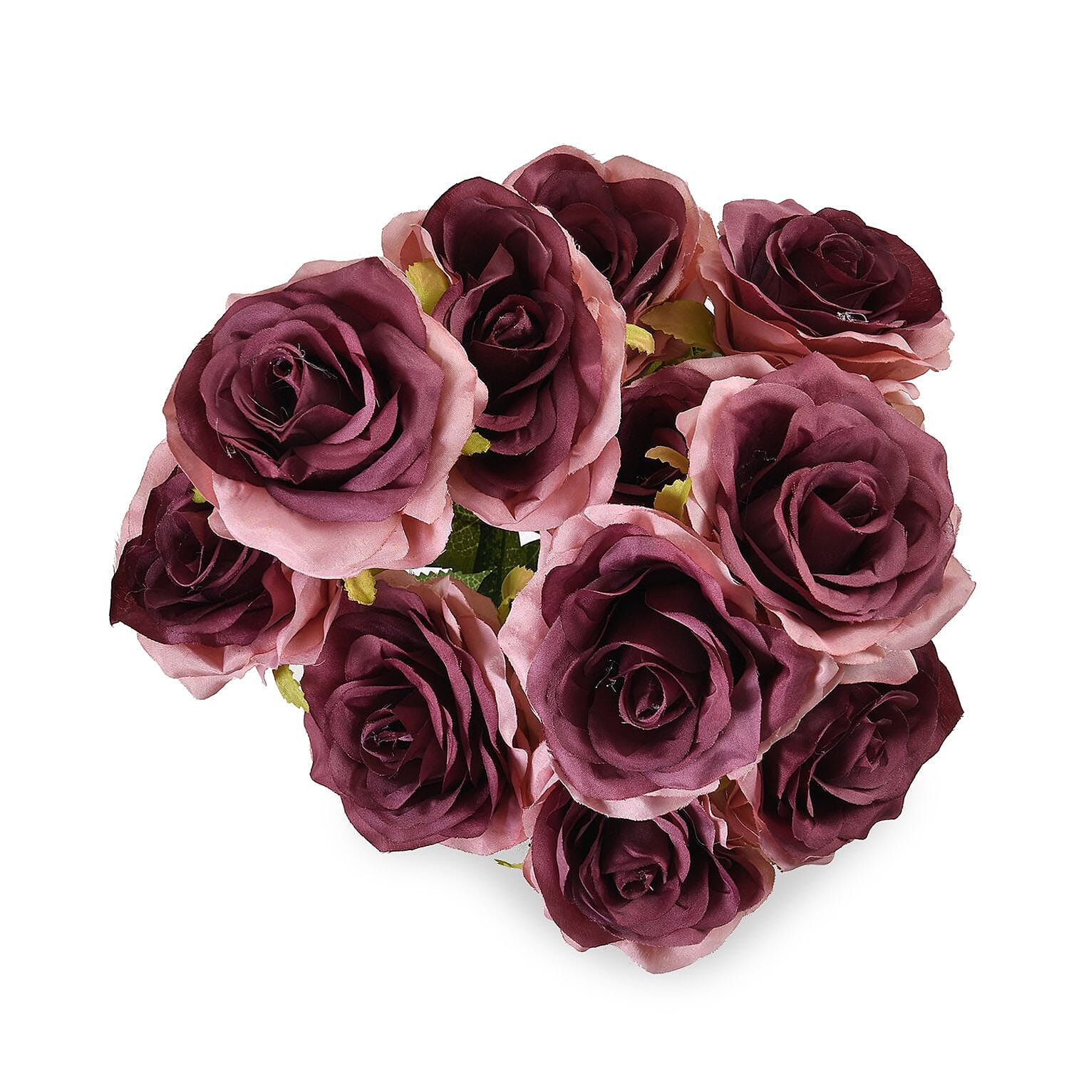 Set of 2 Artificial Rose Flower with 11 Heads, Green Stem - Leaves - Pink - Fuchsia