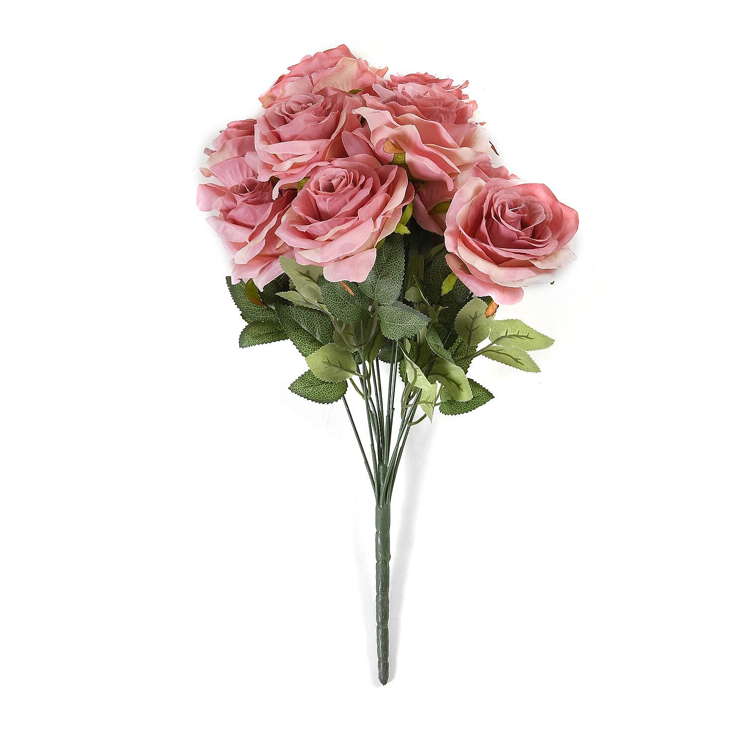 Set of 2 Artificial Rose Flower with 11 Heads, Green Stem - Leaves - Pink - Fuchsia