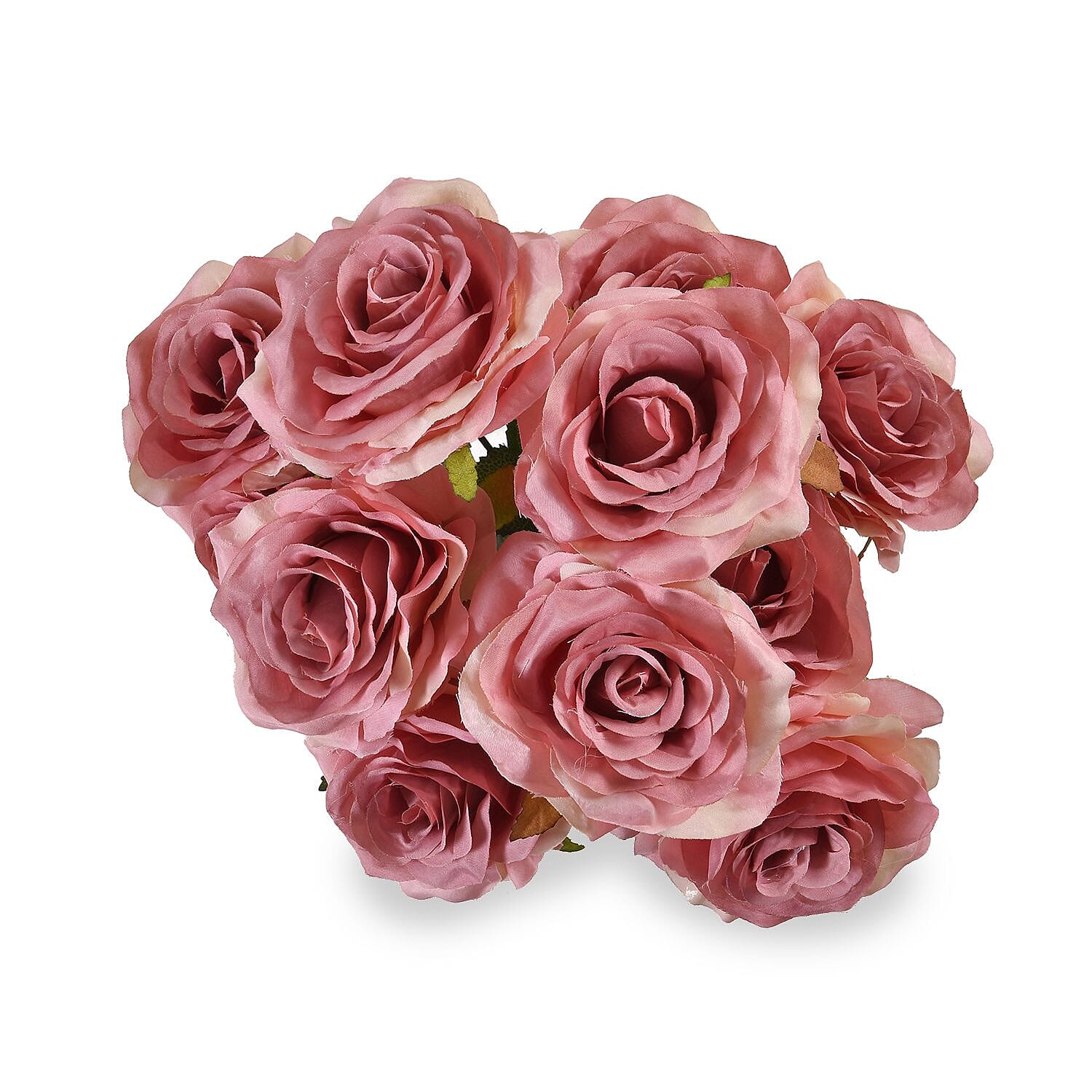 Set of 2 Artificial Rose Flower with 11 Heads, Green Stem - Leaves - Pink - Fuchsia