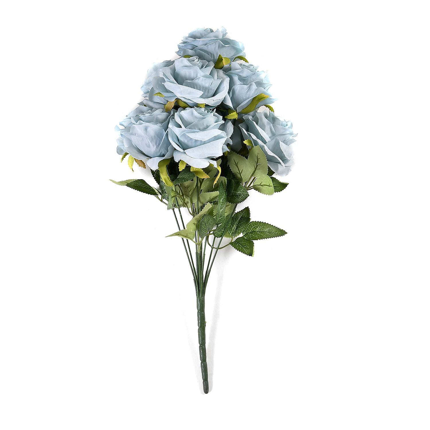 Set of 2 Artificial Rose Flower with 11 Heads, Green Stem - Leaves - Blue - Beige