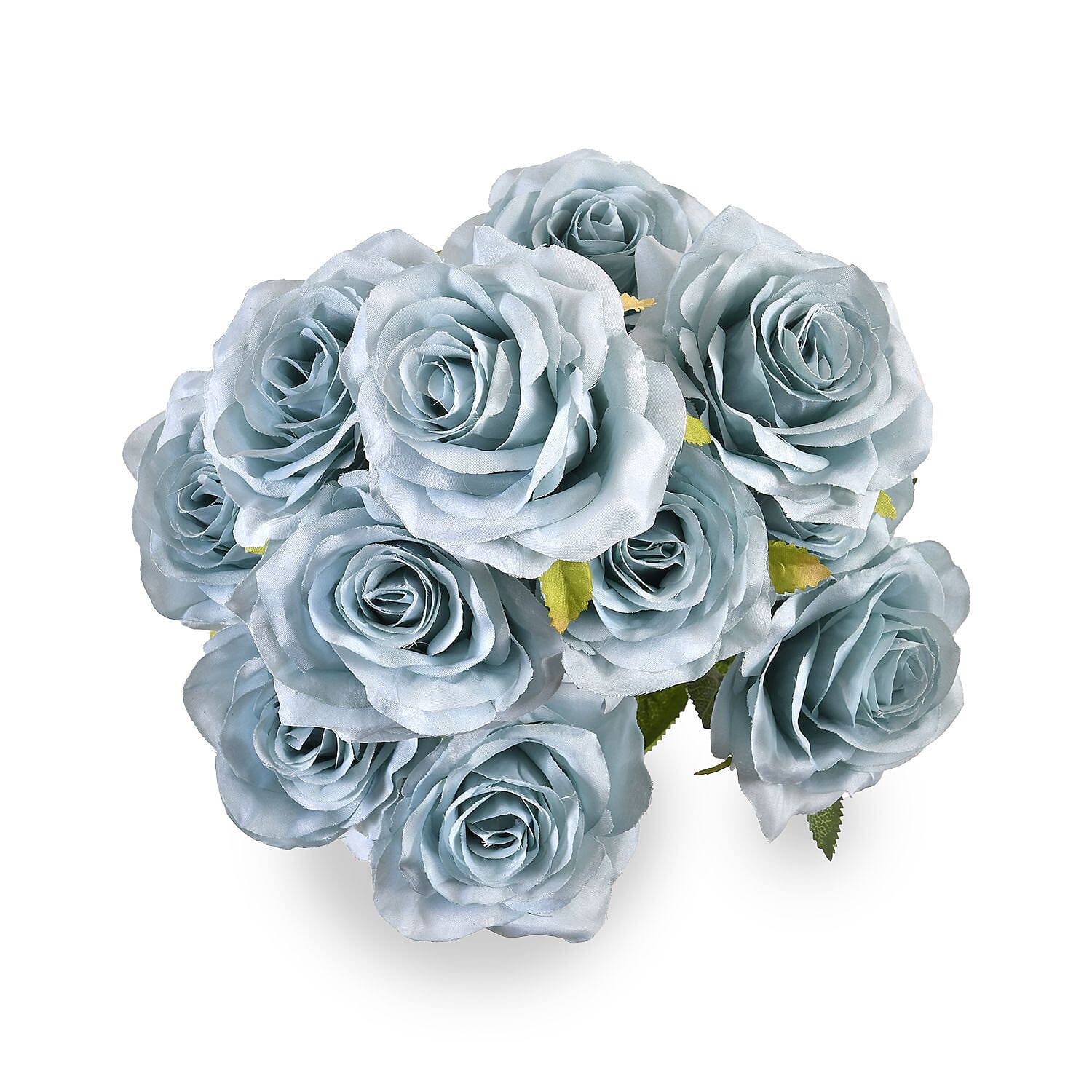 Set of 2 Artificial Rose Flower with 11 Heads, Green Stem - Leaves - Blue - Beige
