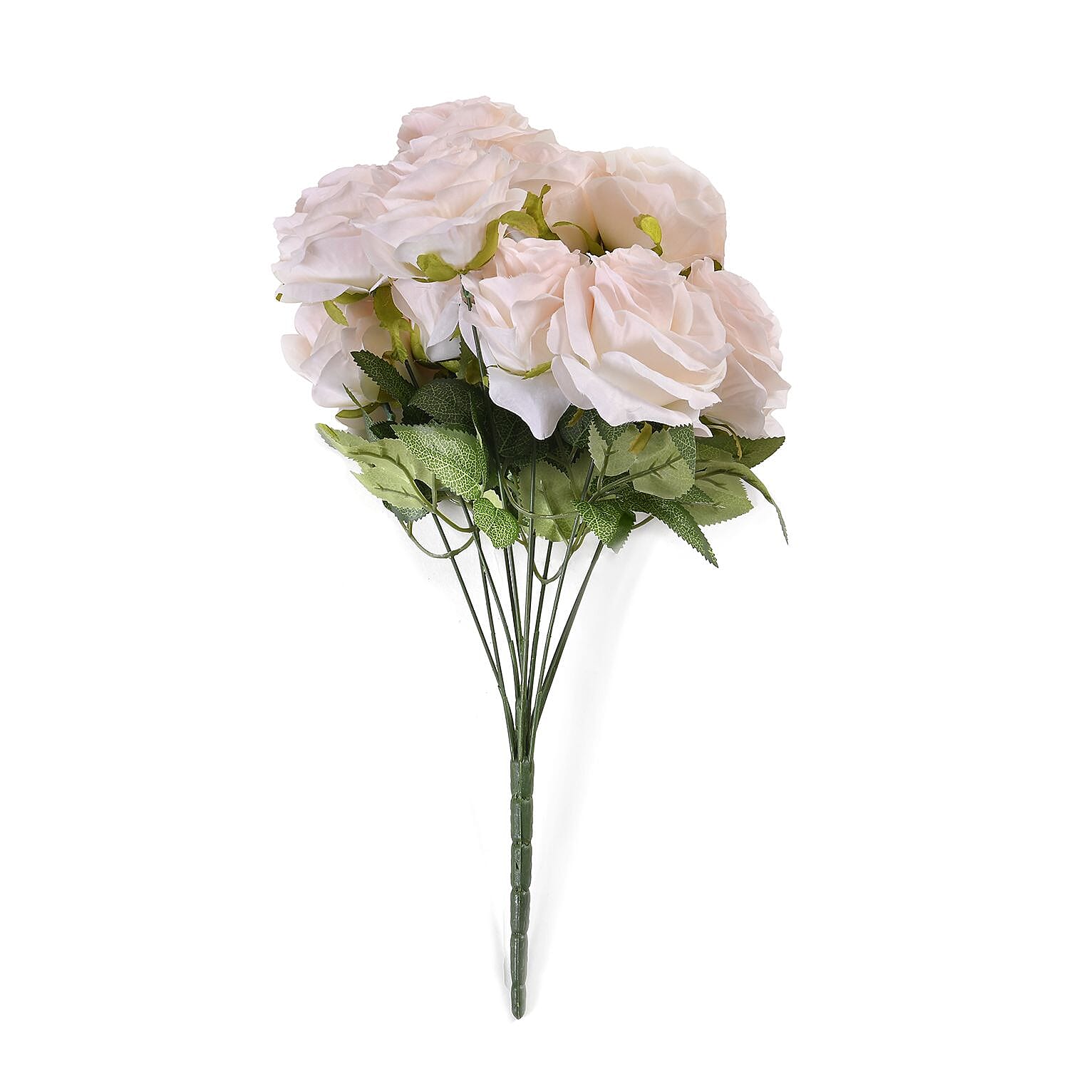 Set of 2 Artificial Rose Flower with 11 Heads, Green Stem - Leaves - Blue - Beige