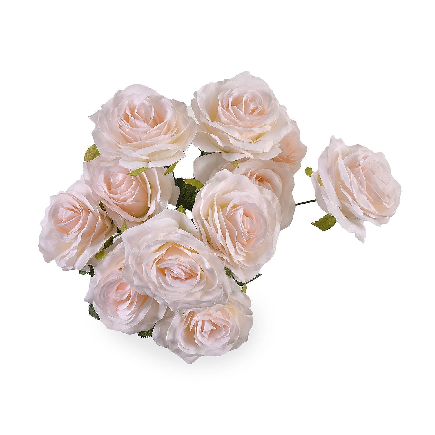 Set of 2 Artificial Rose Flower with 11 Heads, Green Stem - Leaves - Blue - Beige