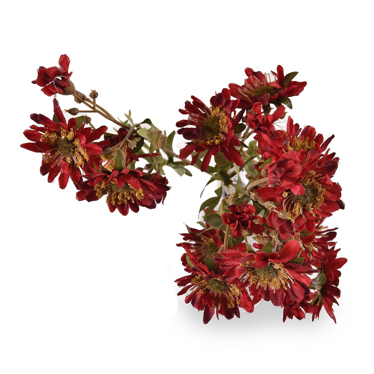 Set of 3 Artificial Chrysanthemum Flower with 23 Heads, Green Stem & Leaves - White & Red Wine