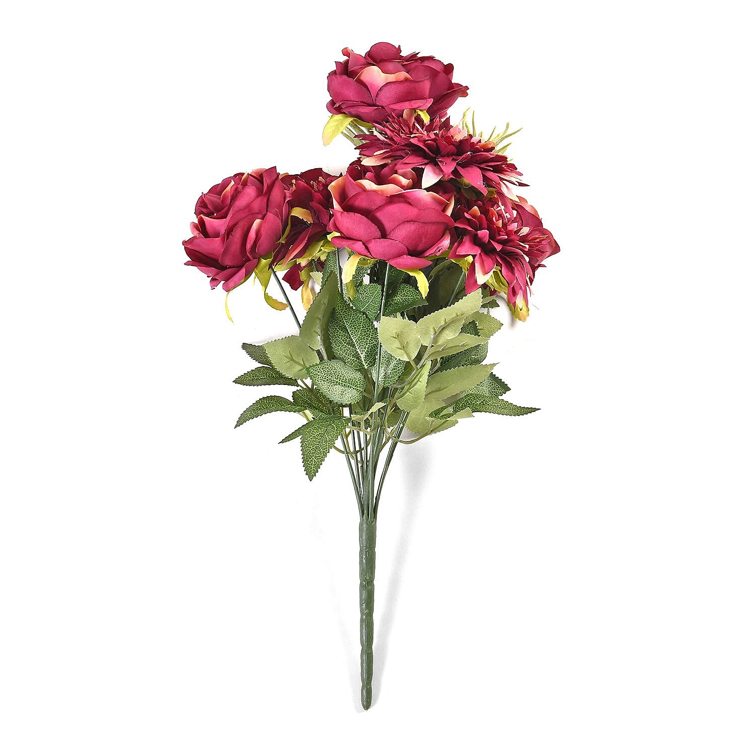 Set of 2 Artifical Rose and Sunflower with 20 Heads, Green Stem, Grass - Leaves - Dark Yellow - Fuchsia