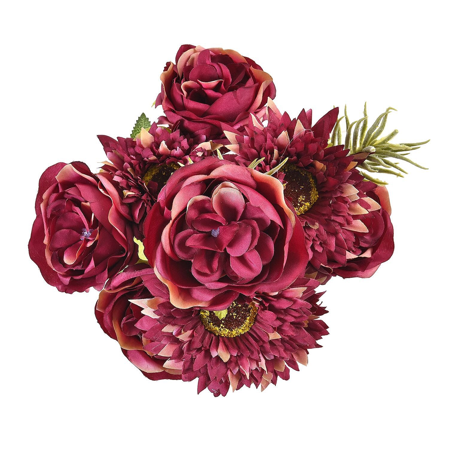 Set of 2 Artifical Rose and Sunflower with 20 Heads, Green Stem, Grass - Leaves - Dark Yellow - Fuchsia