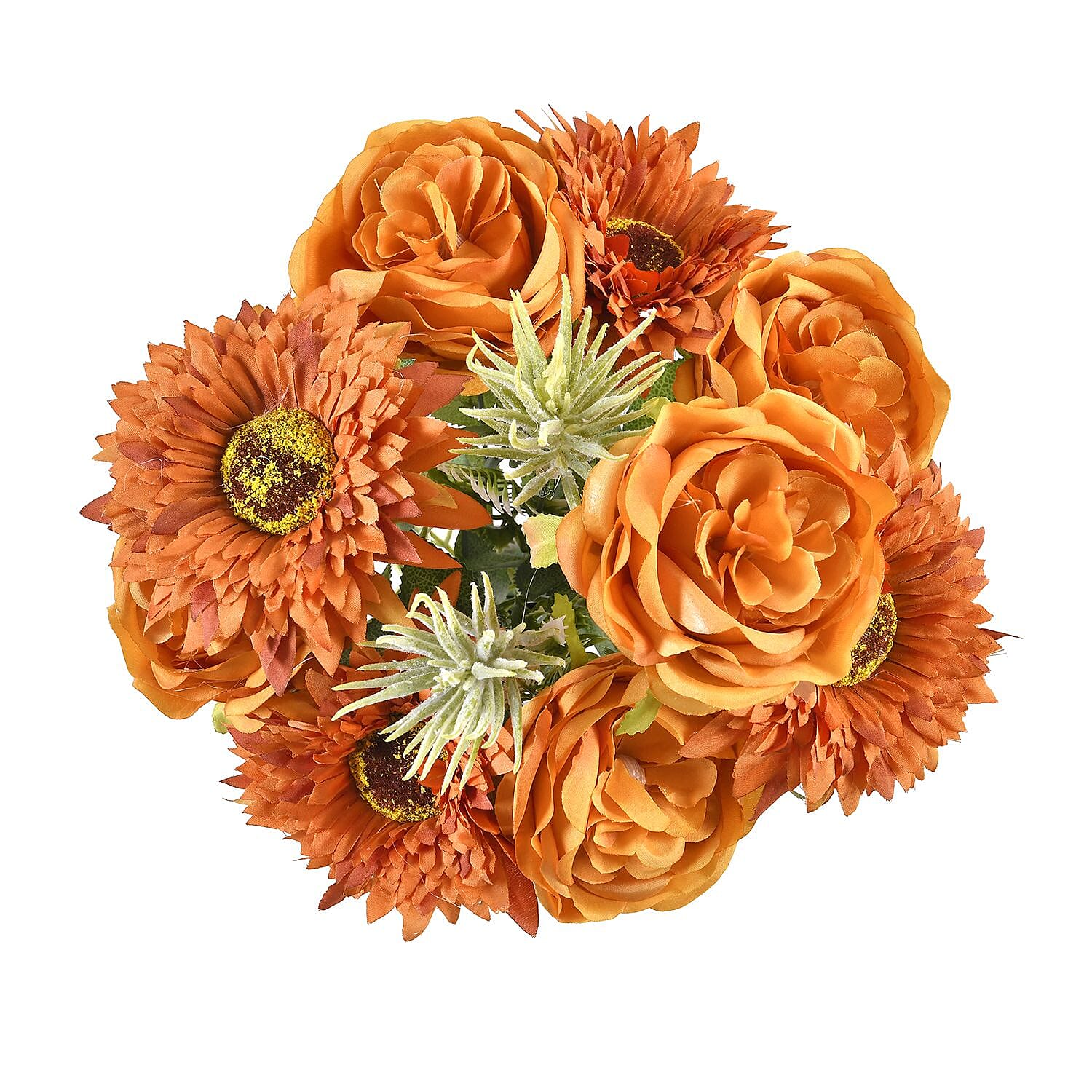 Set of 2 Artifical Rose and Sunflower with 20 Heads, Green Stem, Grass - Leaves - Dark Yellow - Fuchsia