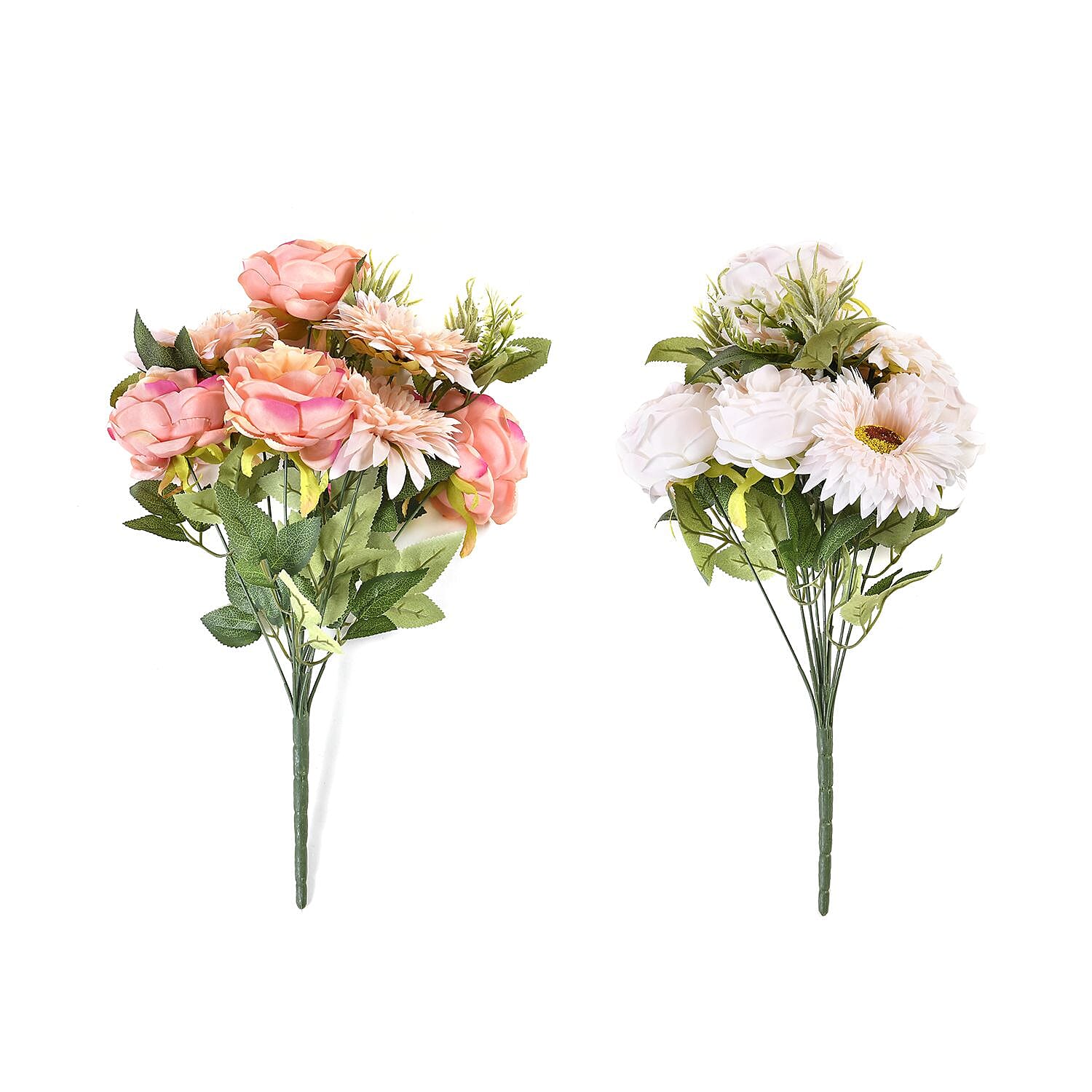 Set of 2 Artifical Rose and Sunflower with 20 Heads, Green Stem, Grass - Leaves - Pink - White