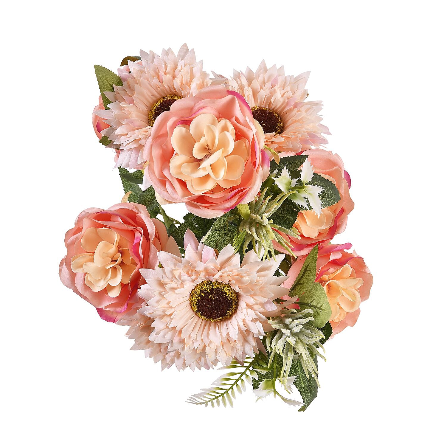 Set of 2 Artifical Rose and Sunflower with 20 Heads, Green Stem, Grass - Leaves - Pink - White