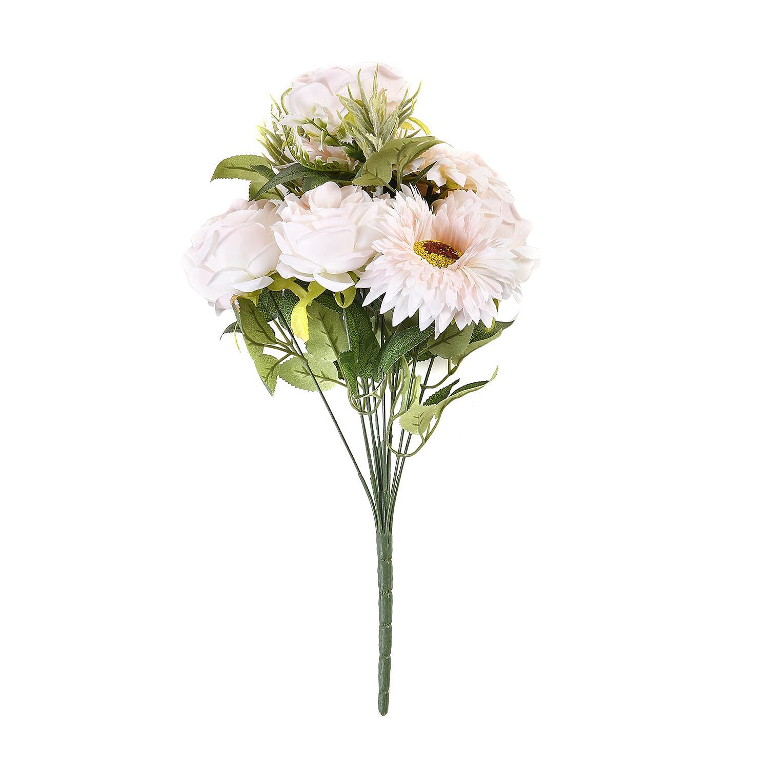 Set of 2 Artifical Rose and Sunflower with 20 Heads, Green Stem, Grass - Leaves - Pink - White