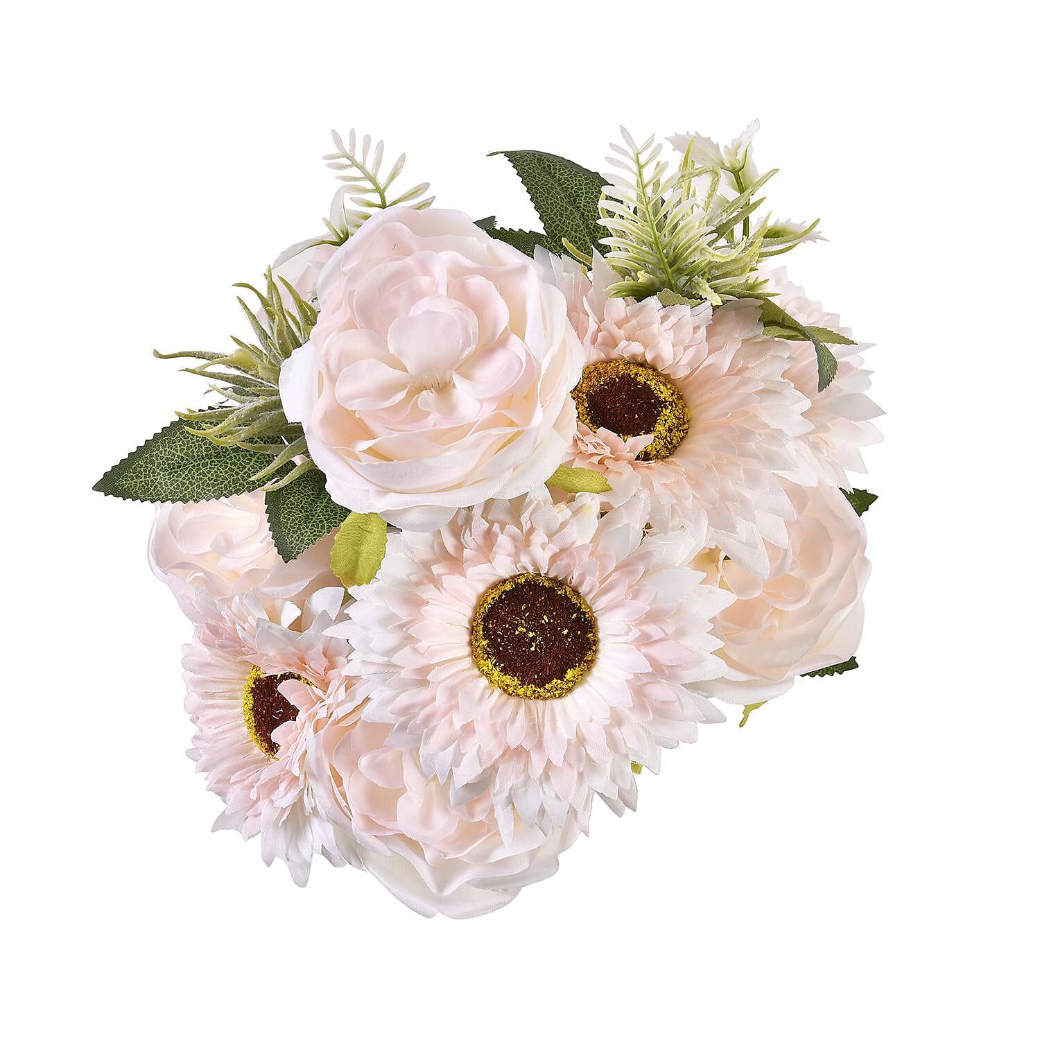 Set of 2 Artifical Rose and Sunflower with 20 Heads, Green Stem, Grass - Leaves - Pink - White