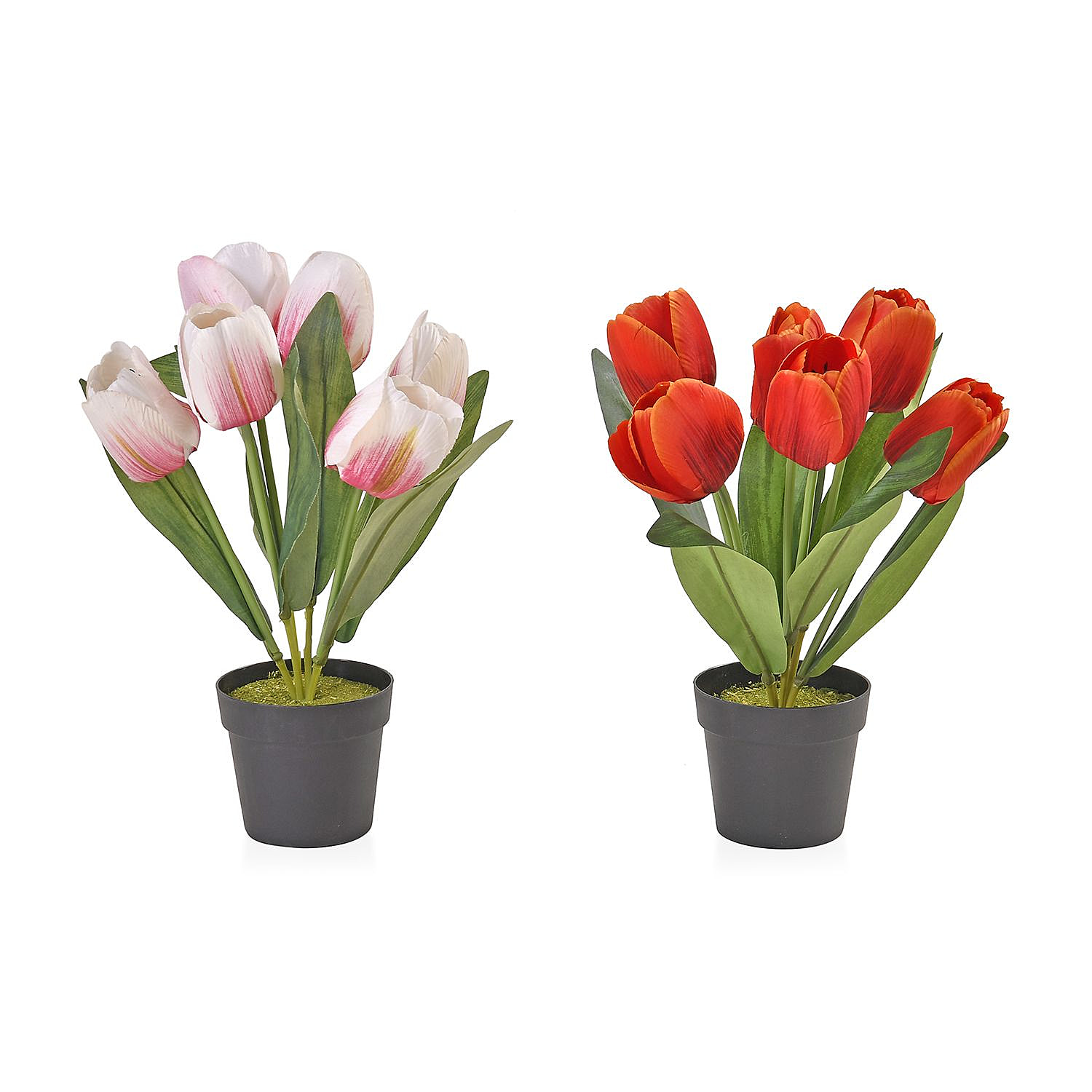 Set of 2 Artifical 6 Heads Tulip Flower Pot With Green Leaves - Pink & Red