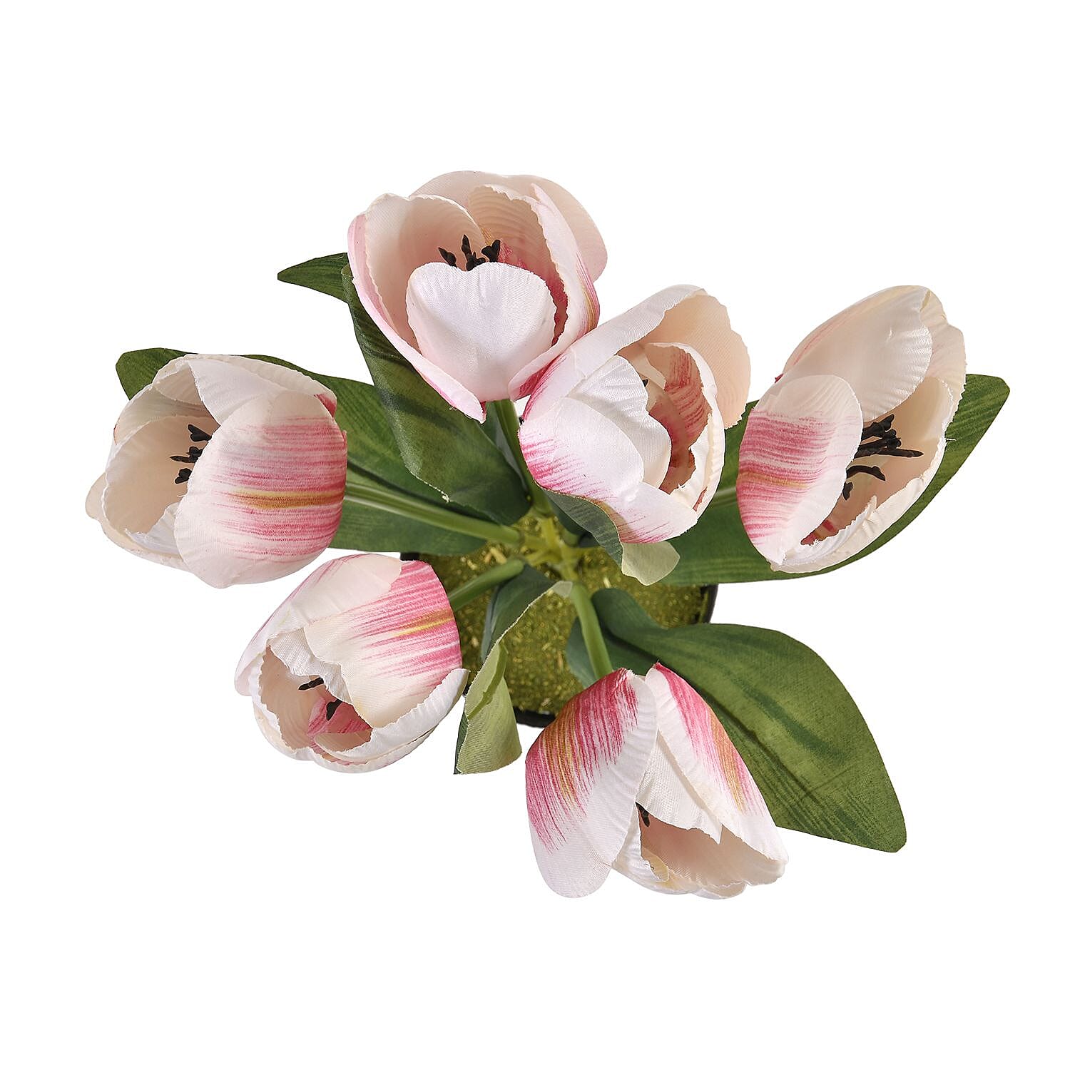 Set of 2 Artifical 6 Heads Tulip Flower Pot With Green Leaves - Pink & Red