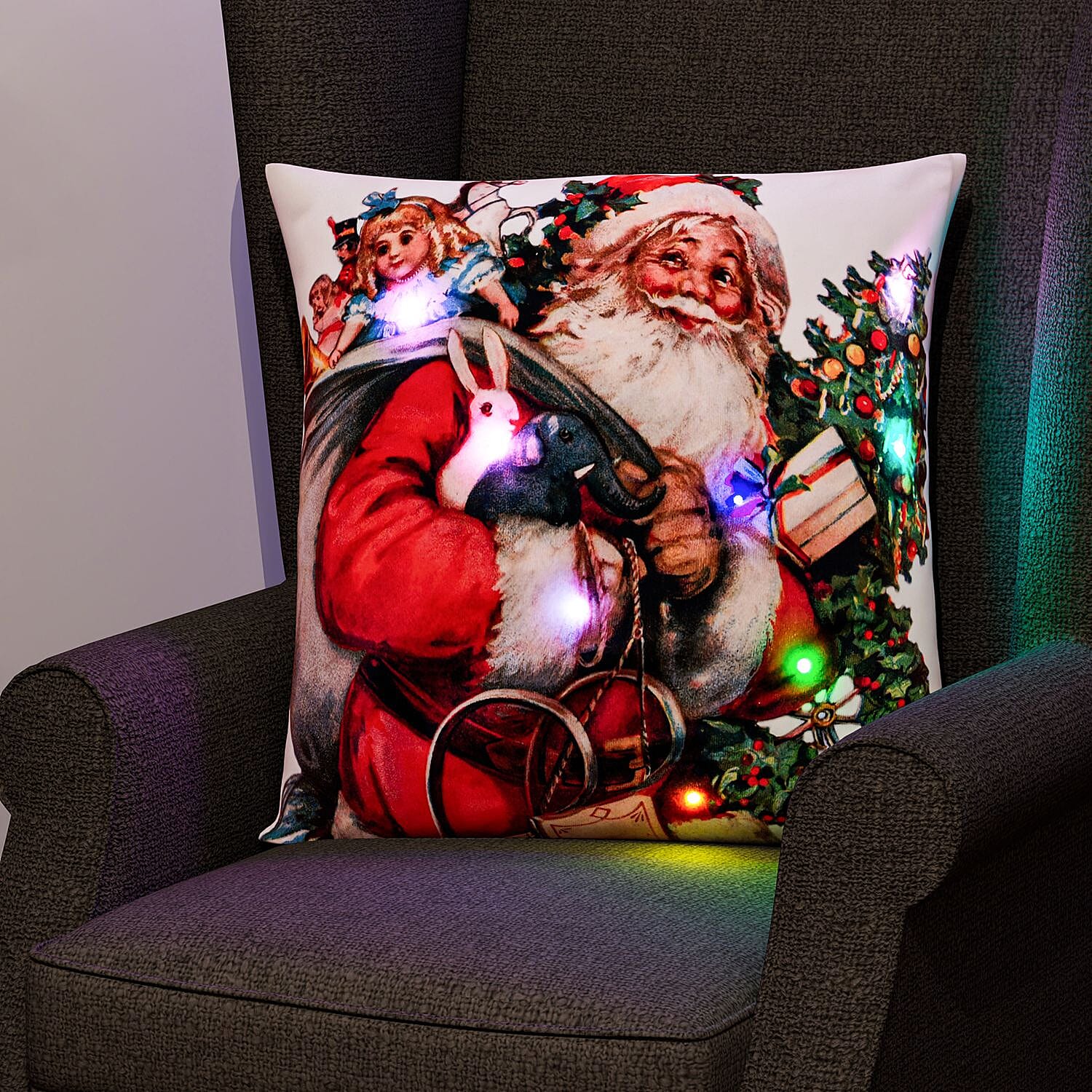 Santa Printed LED Cushion Cover with Filling Red Requires 2AA Batteries Not Incld 7586044 TJC