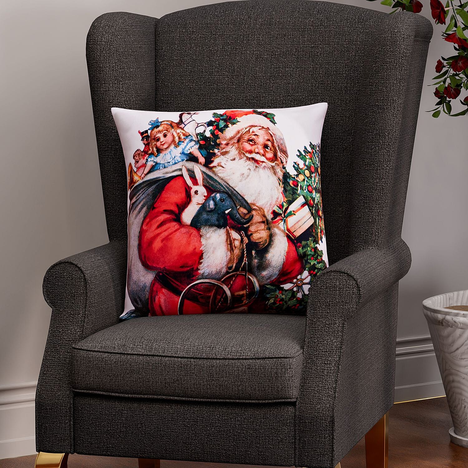 Santa Pattern LED Cushion Cover with Flling - Red