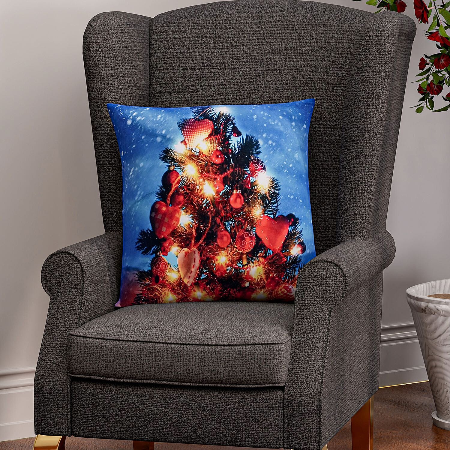Christmas Tree Printed LED Cushion Cover with Filling - Blue - (Requires 2AA Batteries - Not Incld)