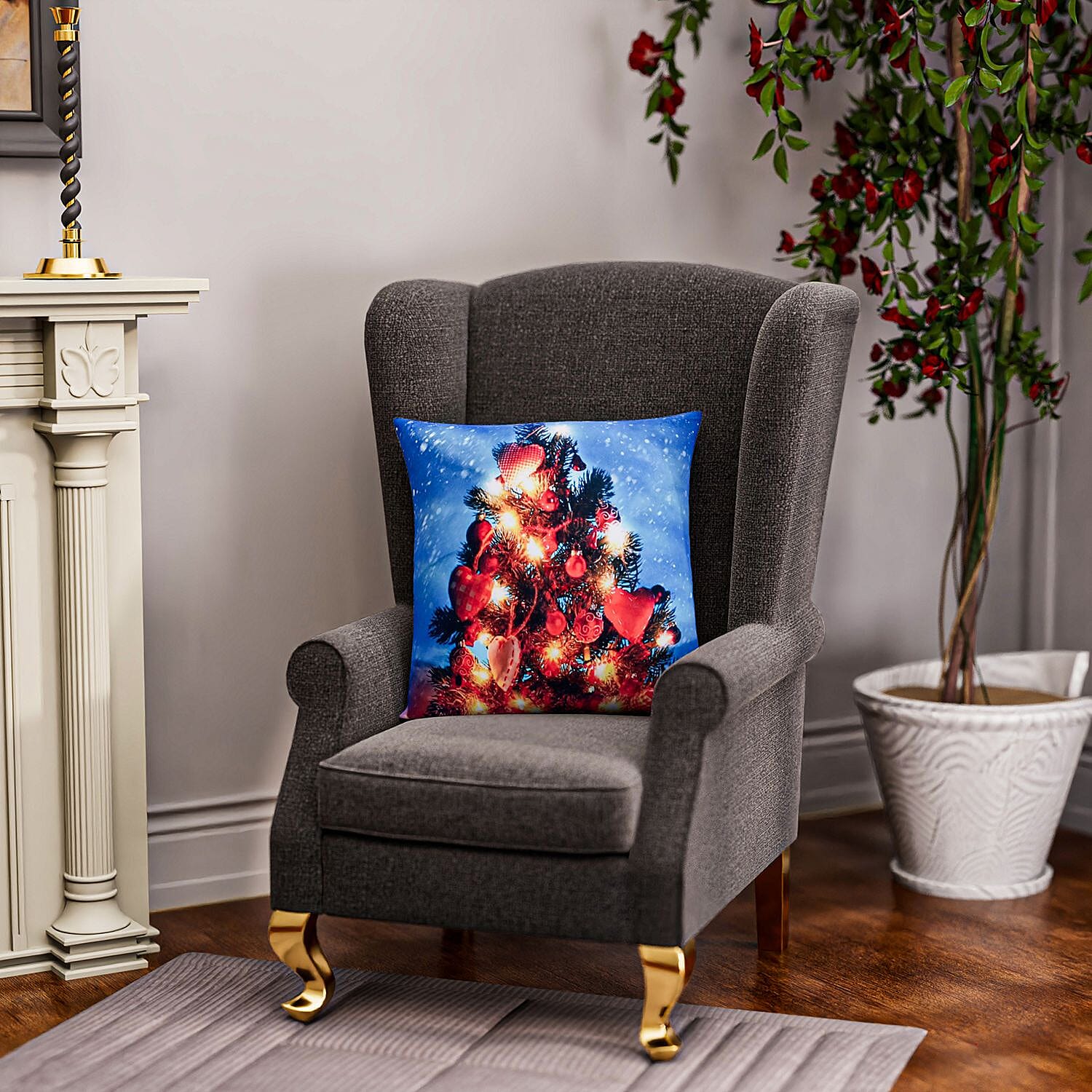 Christmas Tree Printed LED Cushion Cover with Filling - Blue - (Requires 2AA Batteries - Not Incld)