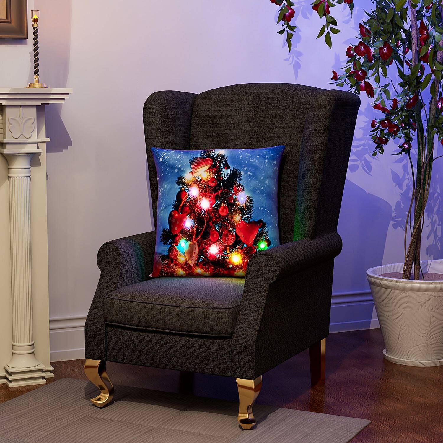 Christmas Tree Printed LED Cushion Cover with Filling - Blue - (Requires 2AA Batteries - Not Incld)