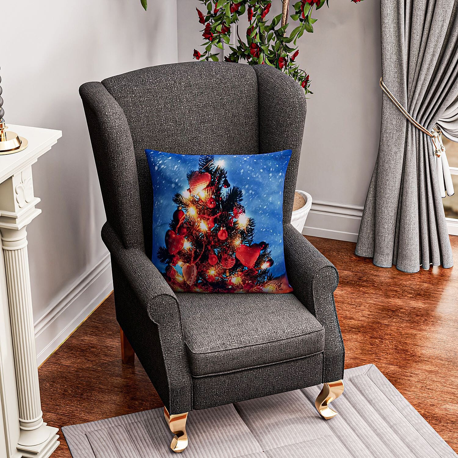 Christmas Tree Printed LED Cushion Cover with Filling - Blue - (Requires 2AA Batteries - Not Incld)