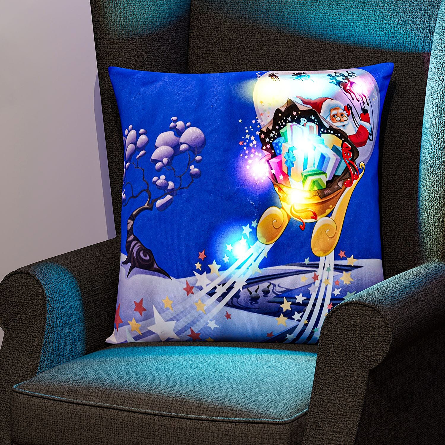 Flying Santa in Night Printed LED Cushion Cover with Filling - Blue