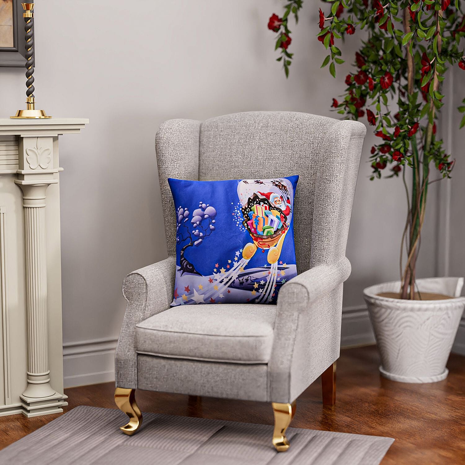 Flying Santa in Night Printed LED Cushion Cover with Filling - Blue