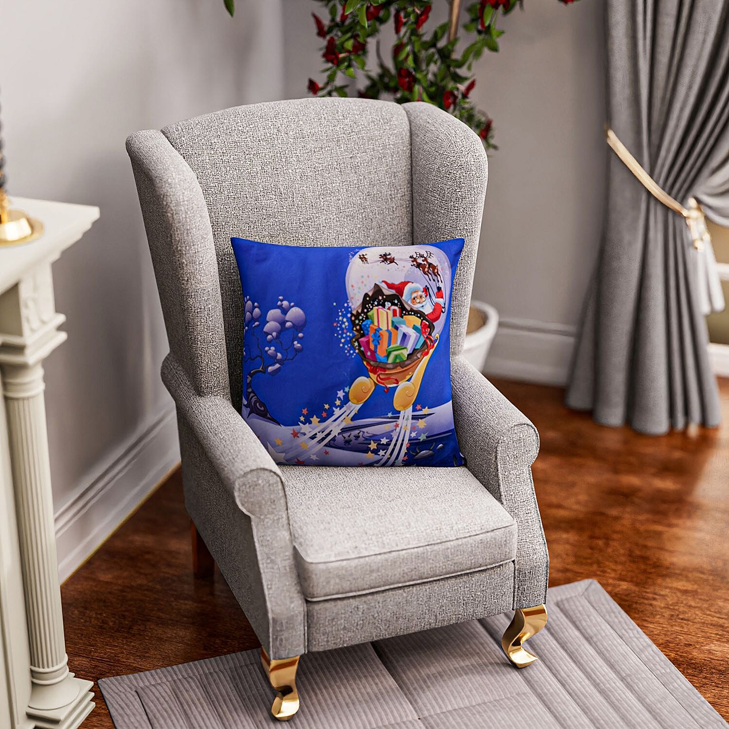 Flying Santa in Night Printed LED Cushion Cover with Filling - Blue