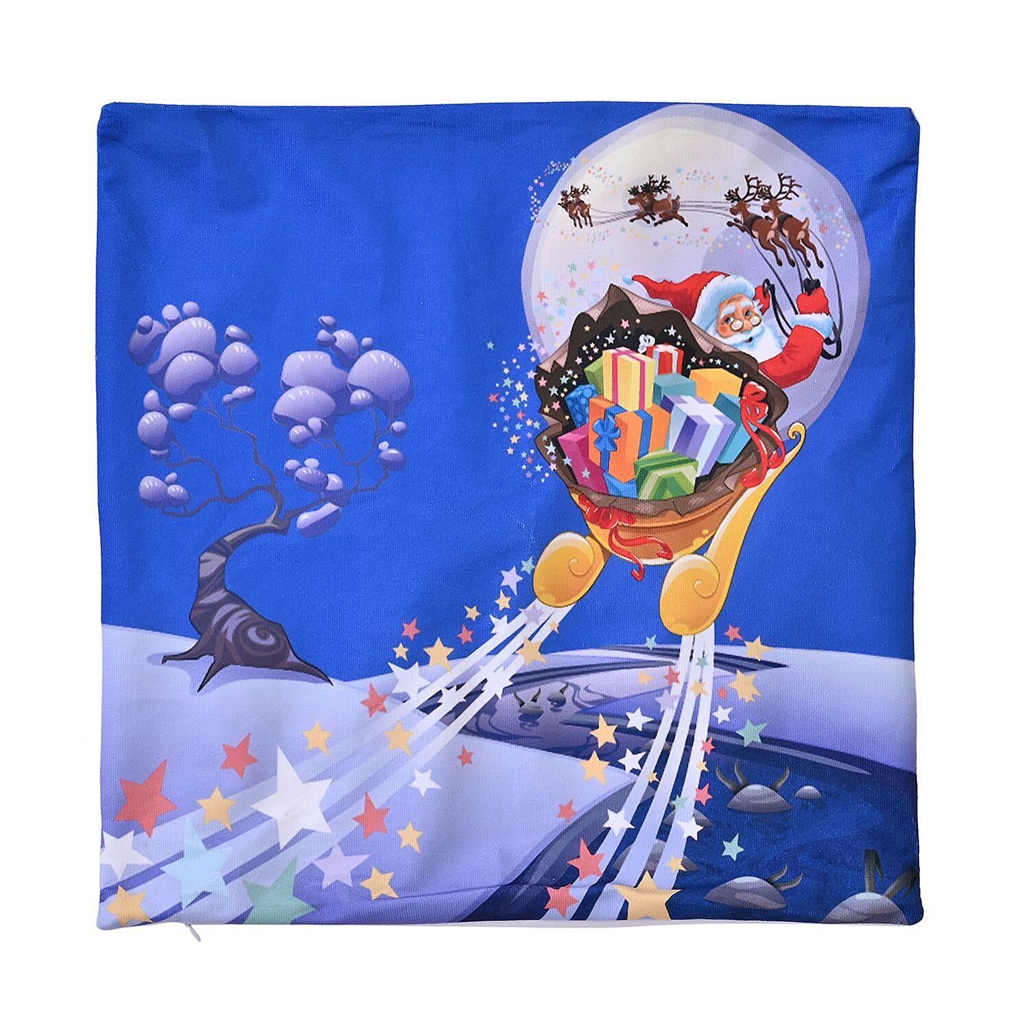 Flying Santa in Night Printed LED Cushion Cover with Filling - Blue