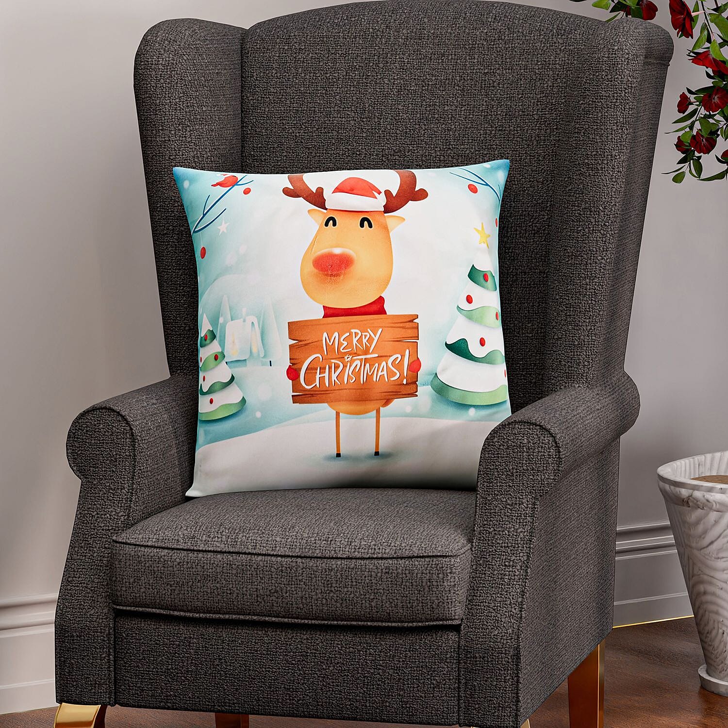 Reindeer Printed LED Cushion Cover with Flling - Blue - (Requires 2AA Batteries - Not Incld)