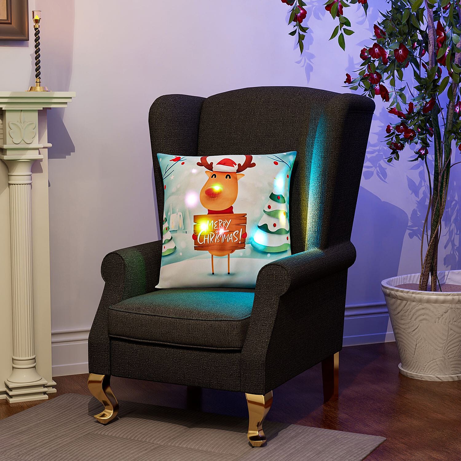 Reindeer Printed LED Cushion Cover with Flling - Blue - (Requires 2AA Batteries - Not Incld)