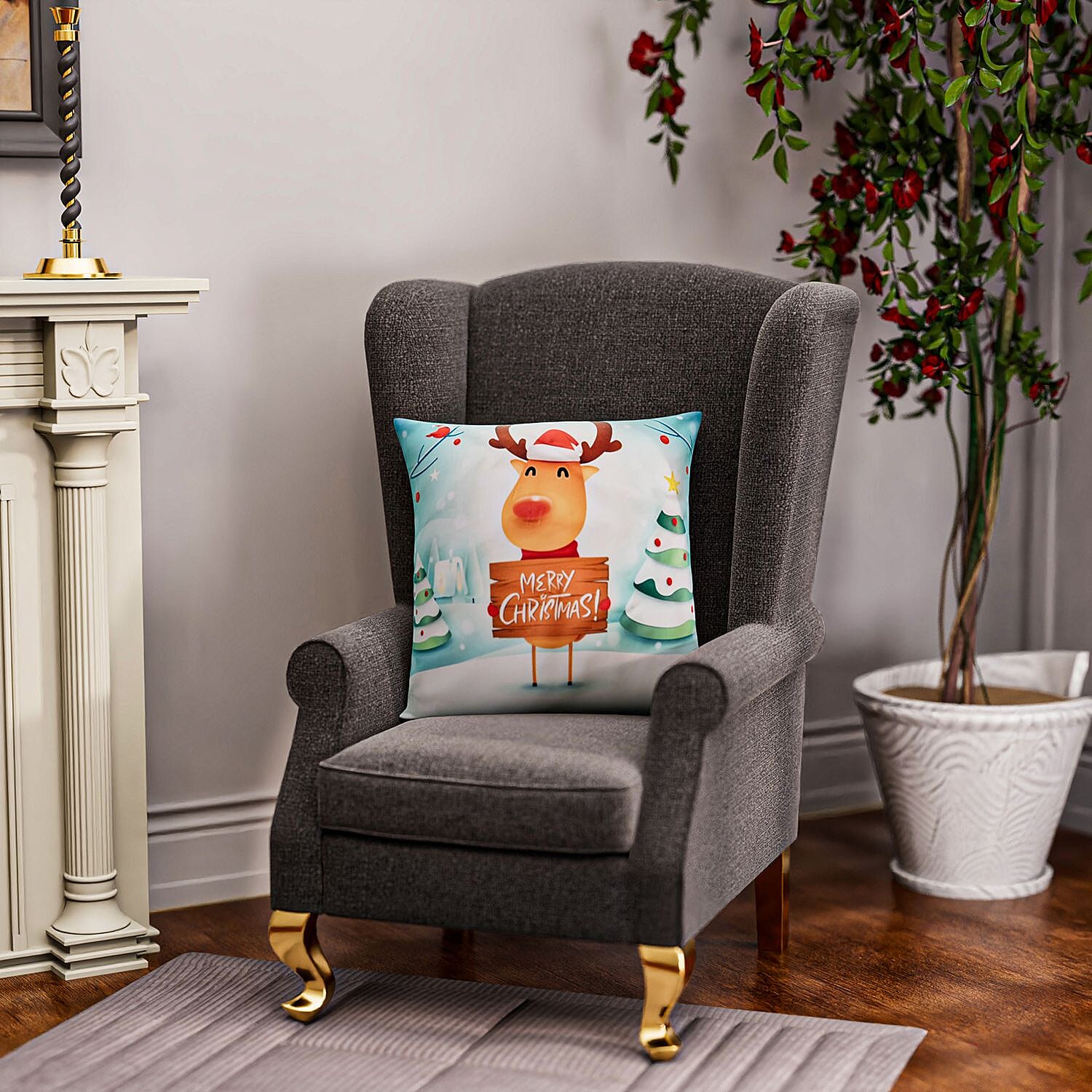 Reindeer Printed LED Cushion Cover with Flling - Blue - (Requires 2AA Batteries - Not Incld)