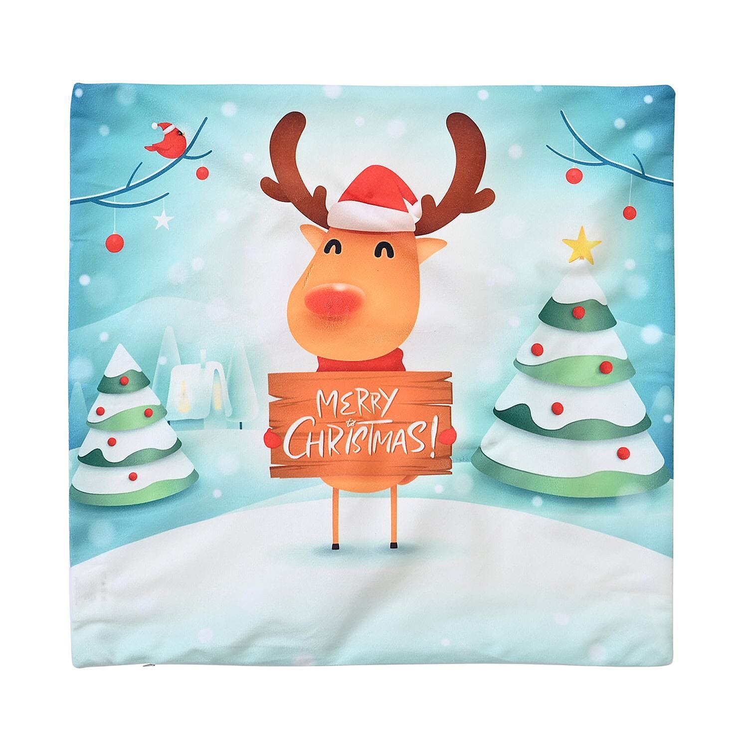 Reindeer Printed LED Cushion Cover with Flling - Blue - (Requires 2AA Batteries - Not Incld)