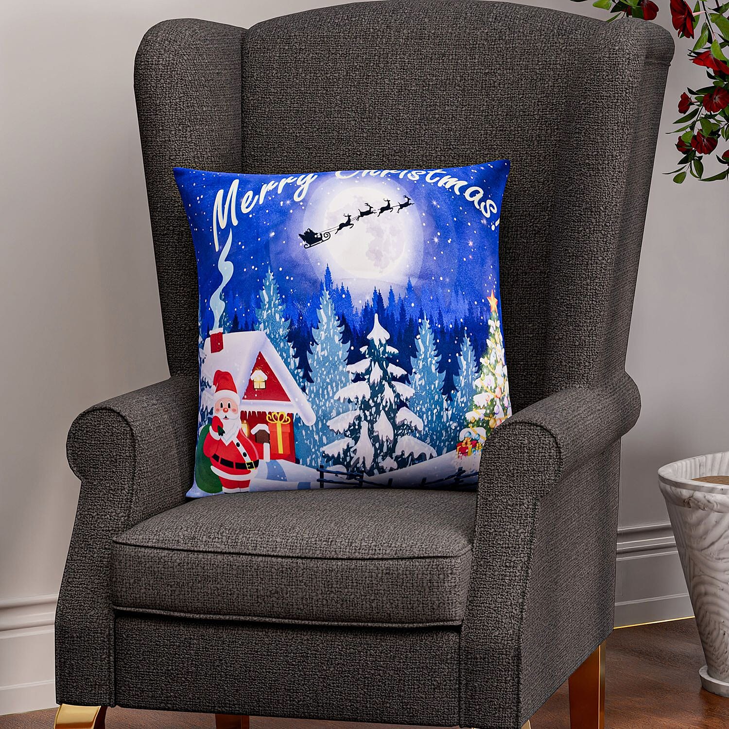 Snowy Night Forest - Santa LED Printed Cushion Cover With Filling - Blue (Requires 2AA Batteries - Not Incld)