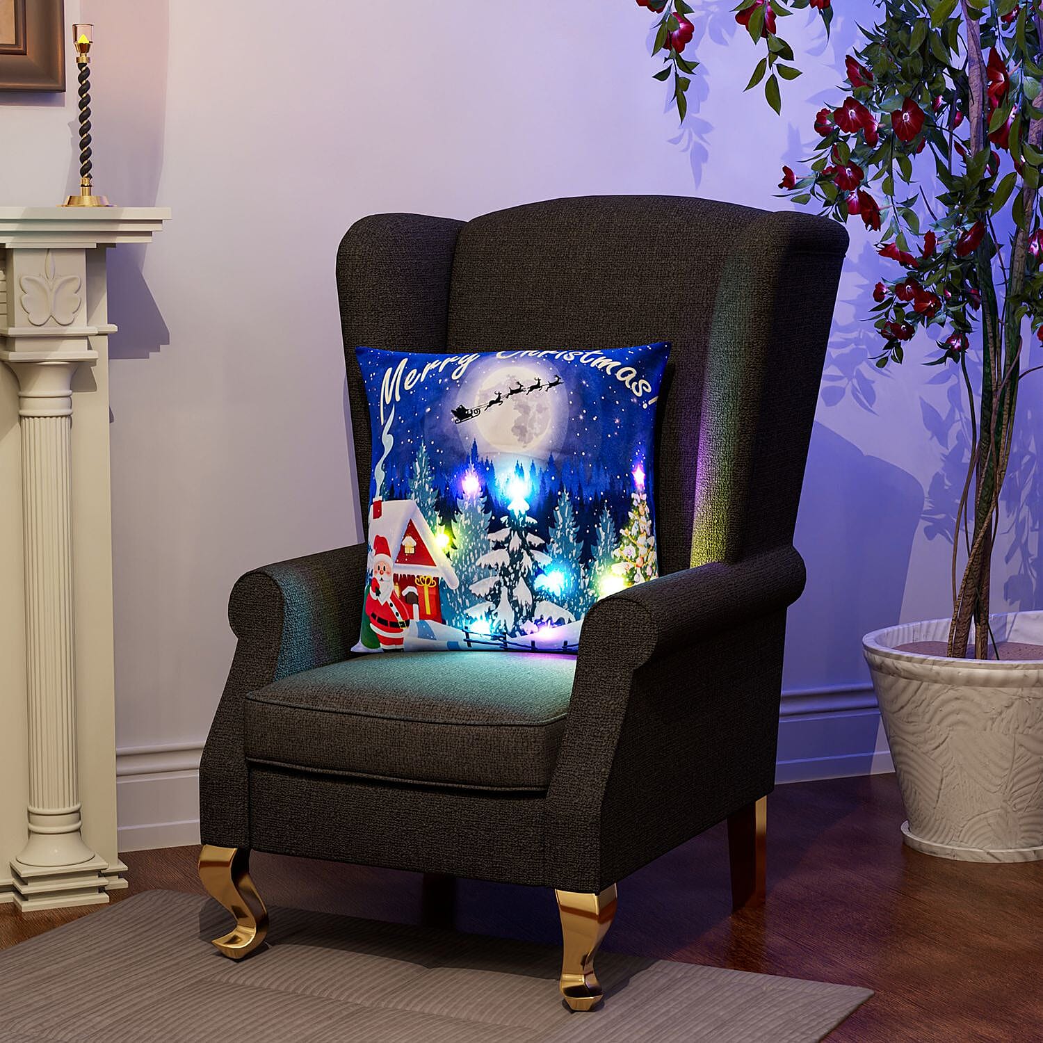 Snowy Night Forest - Santa LED Printed Cushion Cover With Filling - Blue (Requires 2AA Batteries - Not Incld)